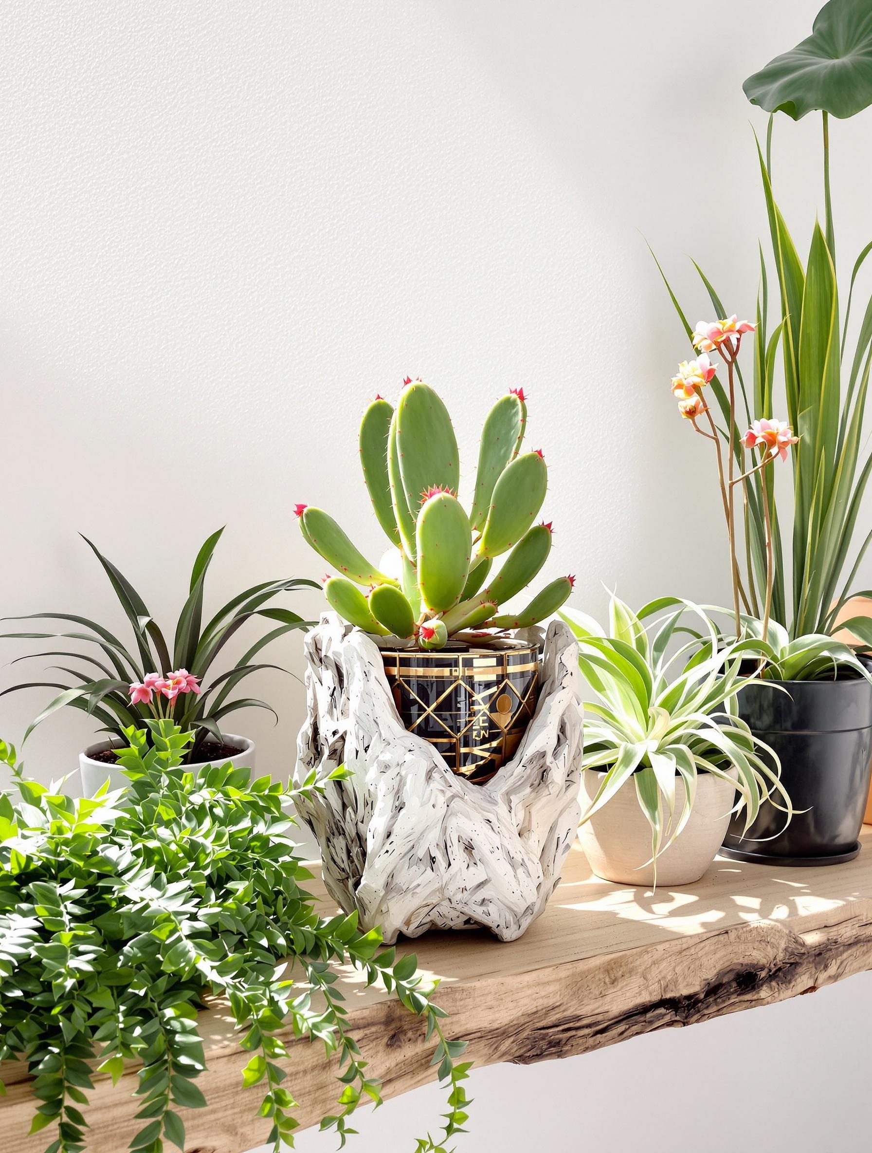 Cactus de Pâques dans un cache-pot élégant, entouré de fougères et orchidées.