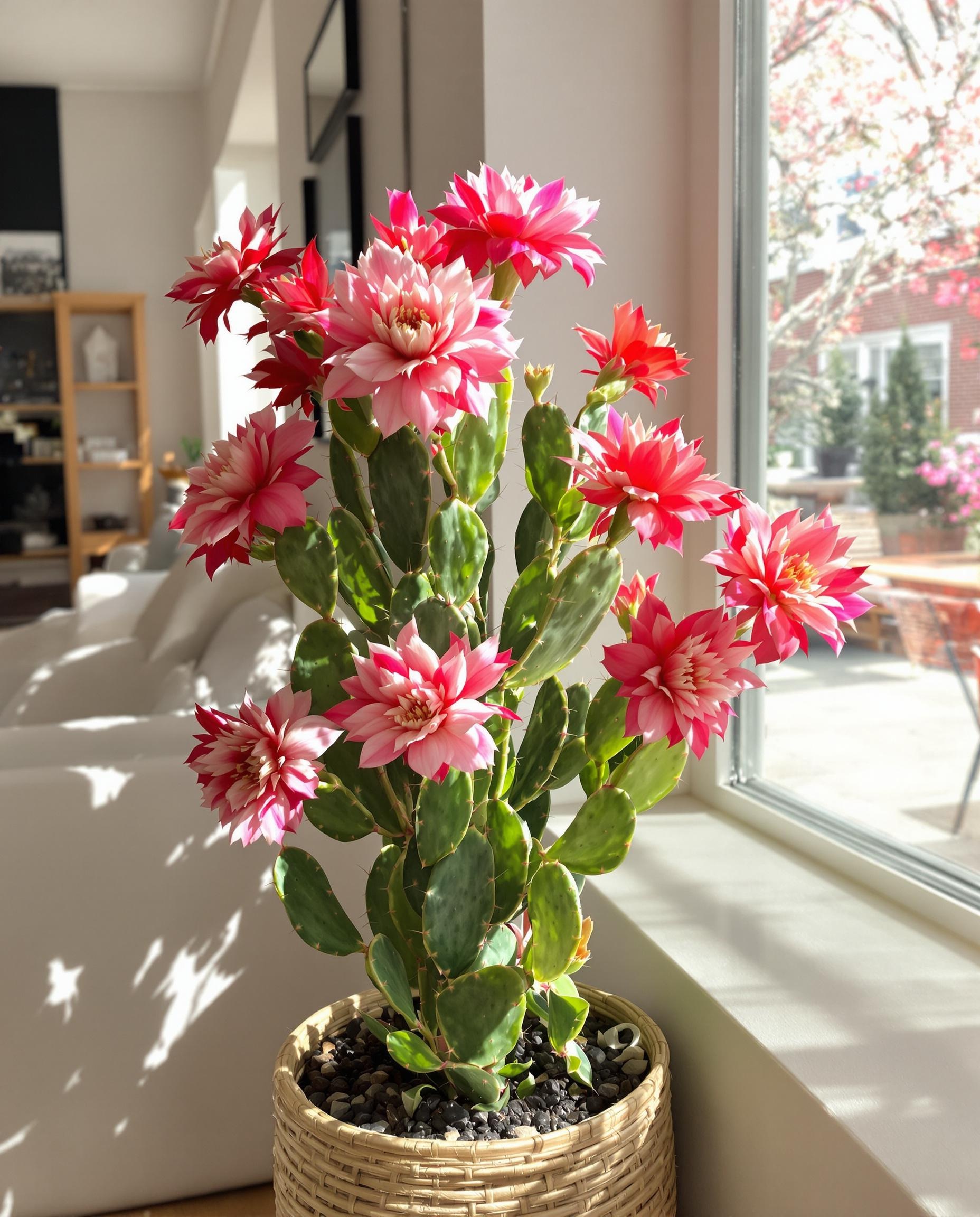 Cactus de Pâques fleuri dans un coin lumineux d'une pièce moderne.