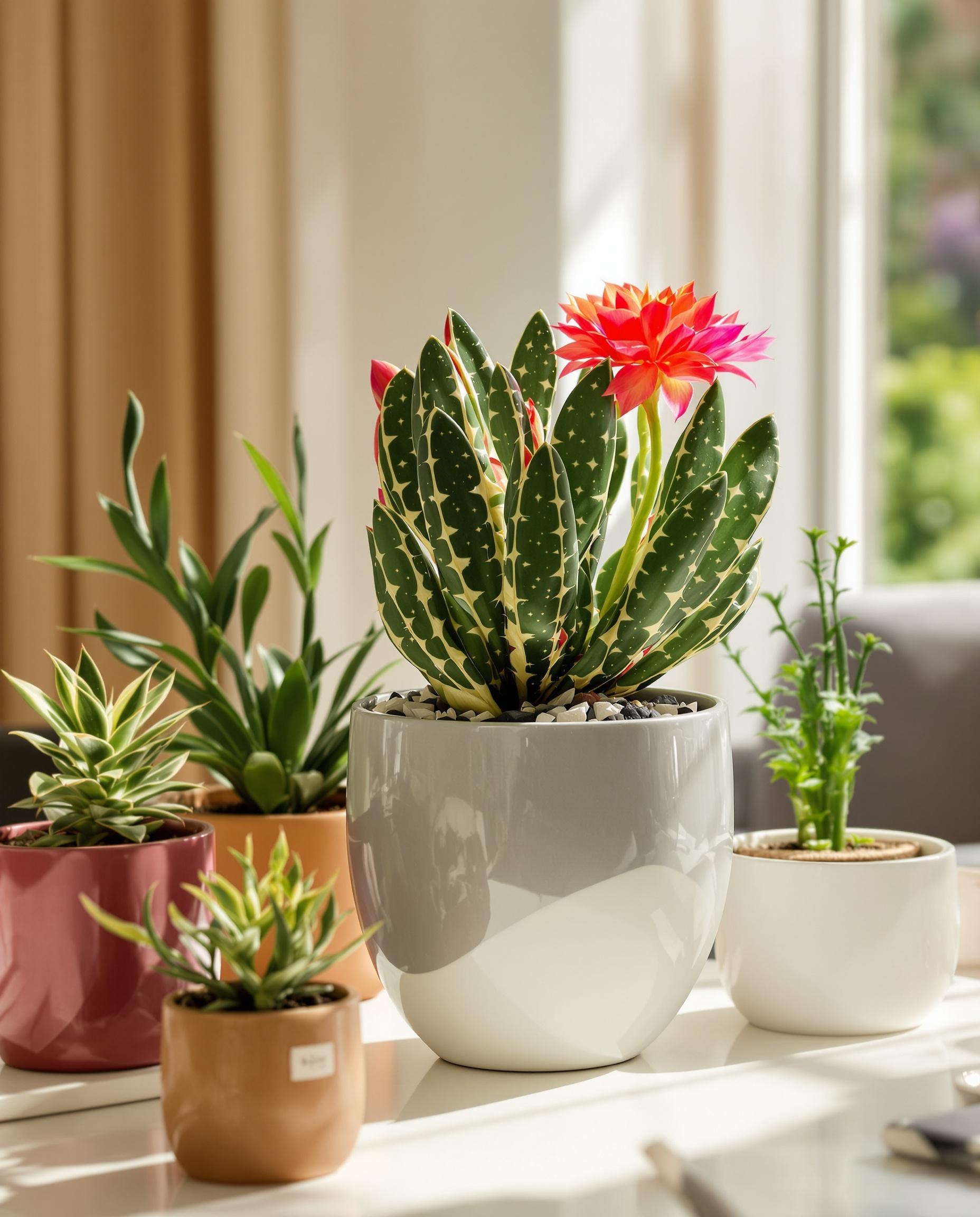 Cactus de Pâques coloré sur une table, entouré de plantes d'intérieur.