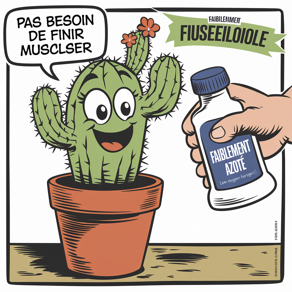 Cactus en pot recevant avec humour un engrais faiblement azoté, bulle style BD ‘Pas besoin de finir musclor’.