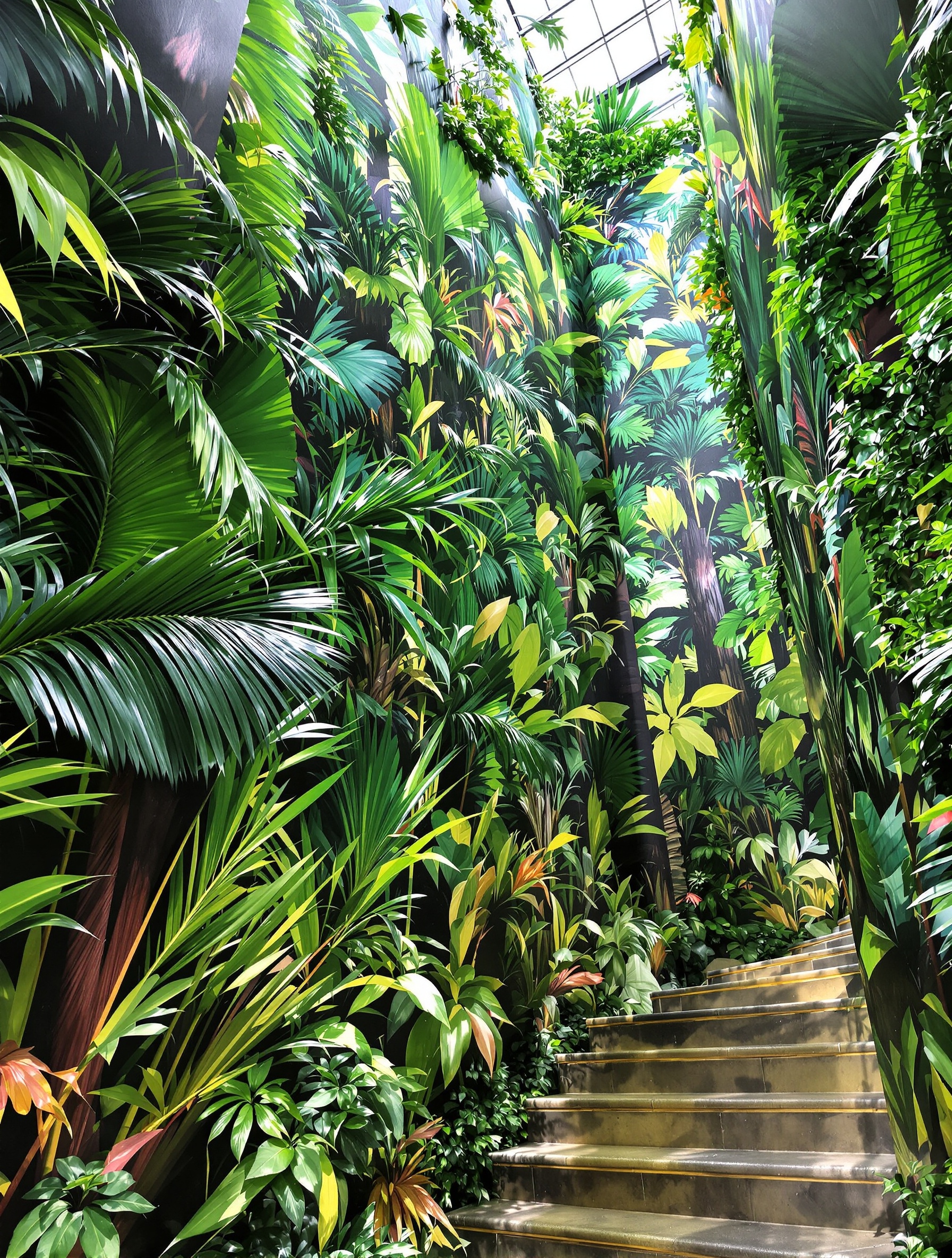 Papier peint panoramique jungle luxuriant dans une cage d'escalier lumineuse et très haute