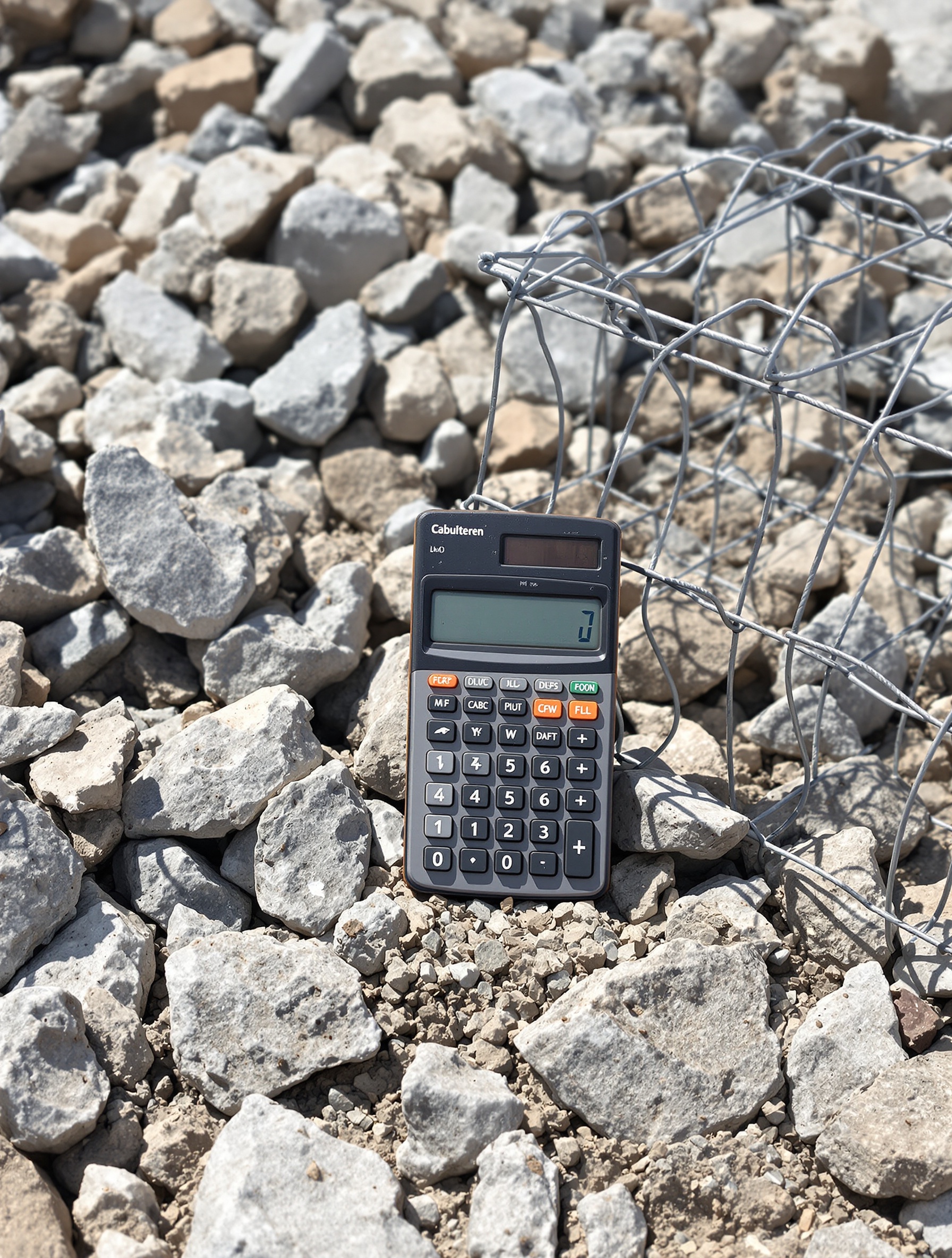 calculatrice posée sur un tas de pierres et une cage de gabion ouverte, ambiance chantier, style réaliste décalé