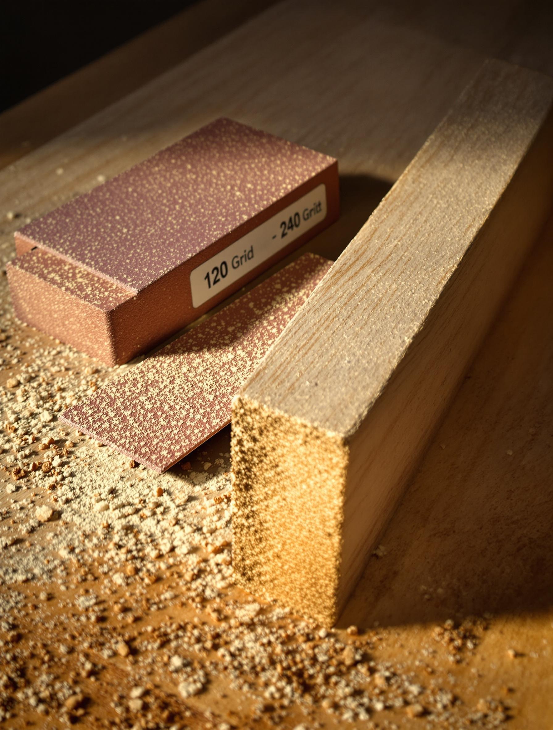 Cale-ponce grain 120 et 240 près d’une coupe d’onglet fraîche