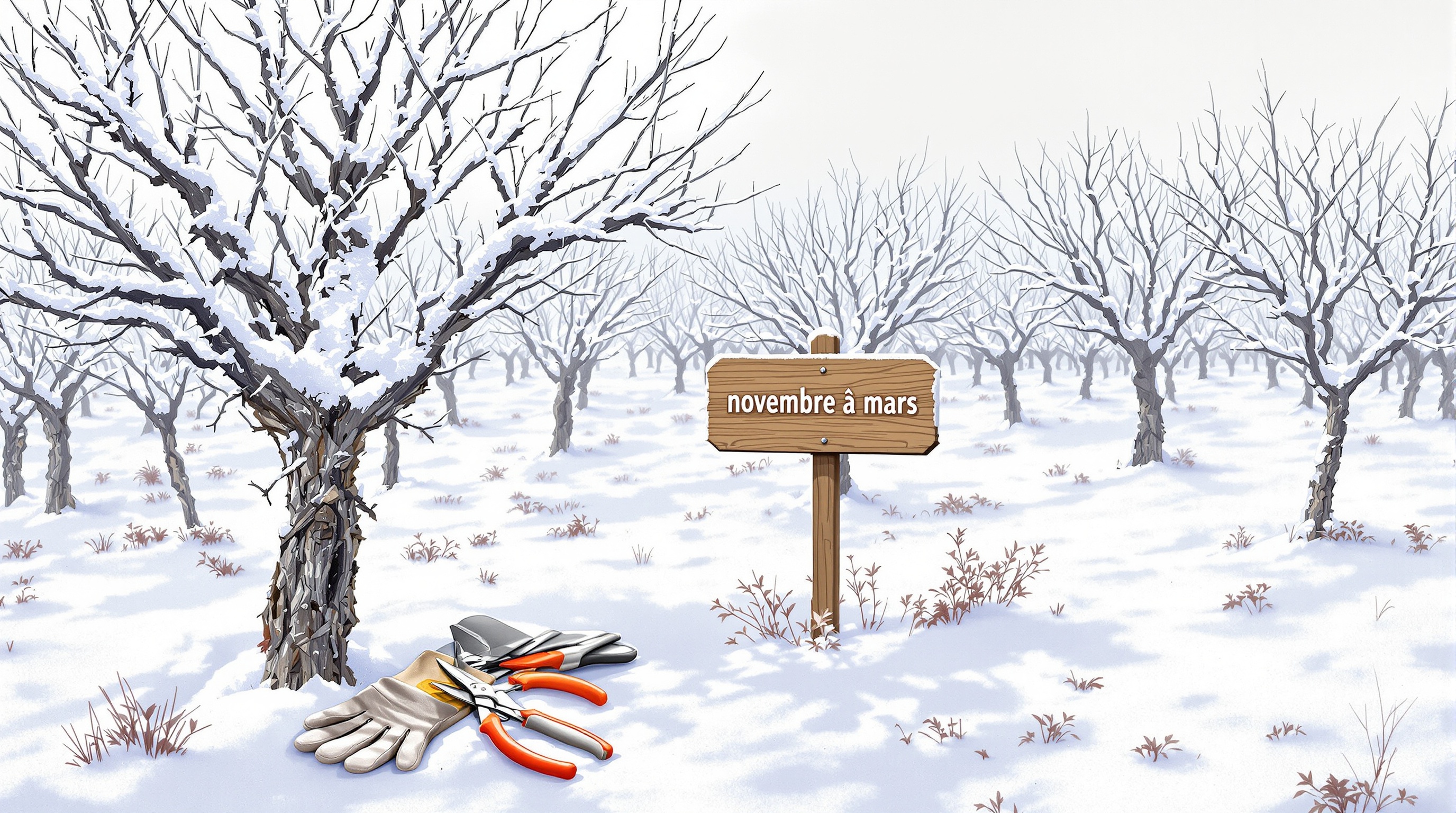 calendrier taille vigne hiver neige sécateur panneau novembre mars