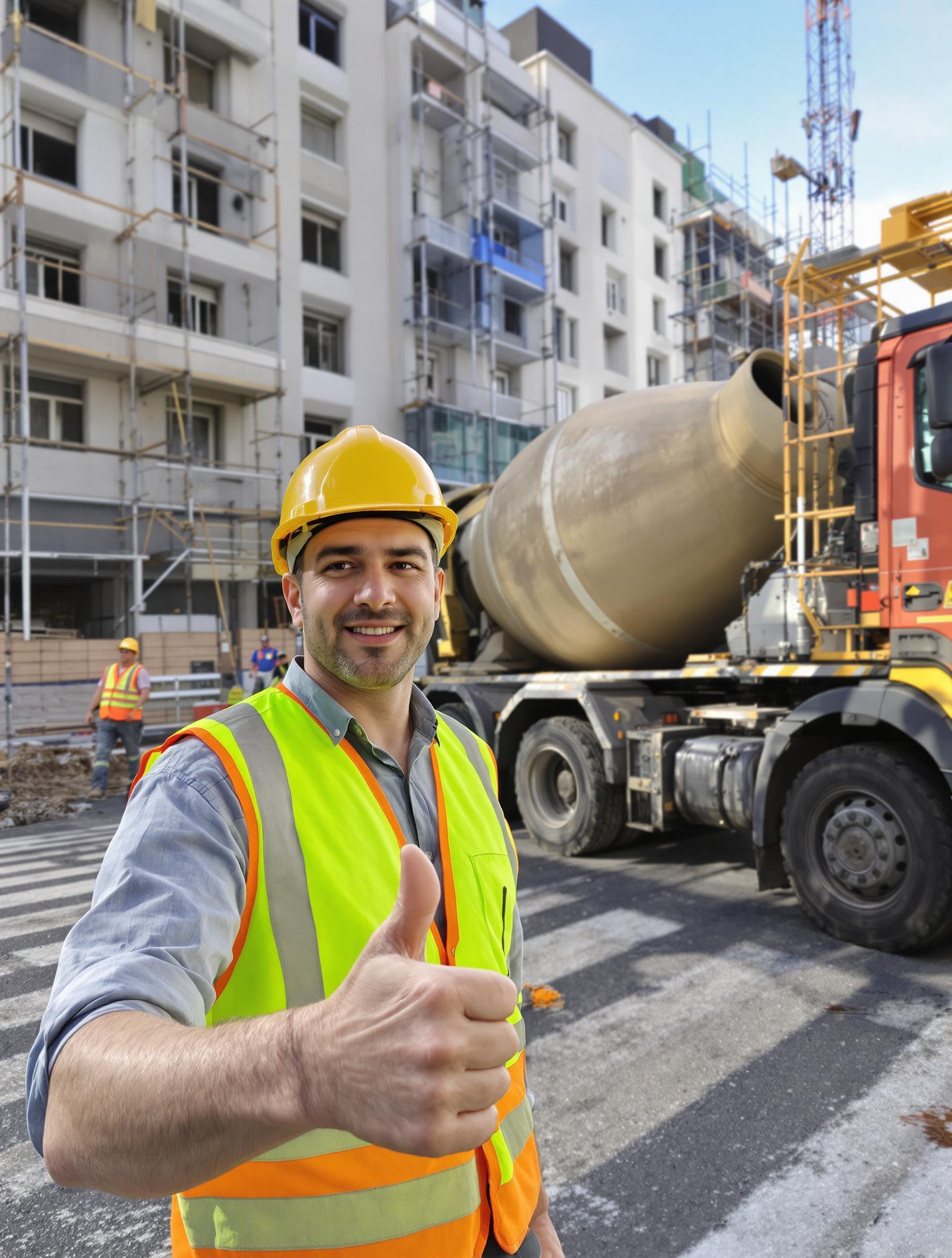 Camion toupie livrant du béton sur chantier urbain