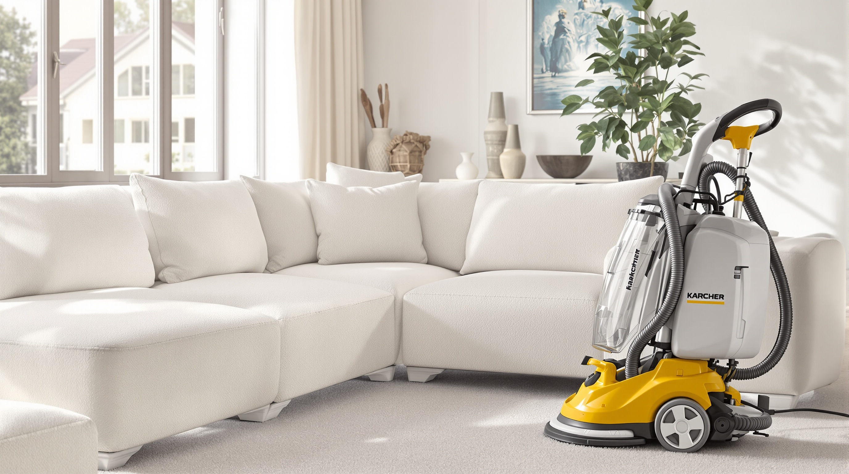 Canapé tissu propre moderne avec shampouineuse rangée à côté.