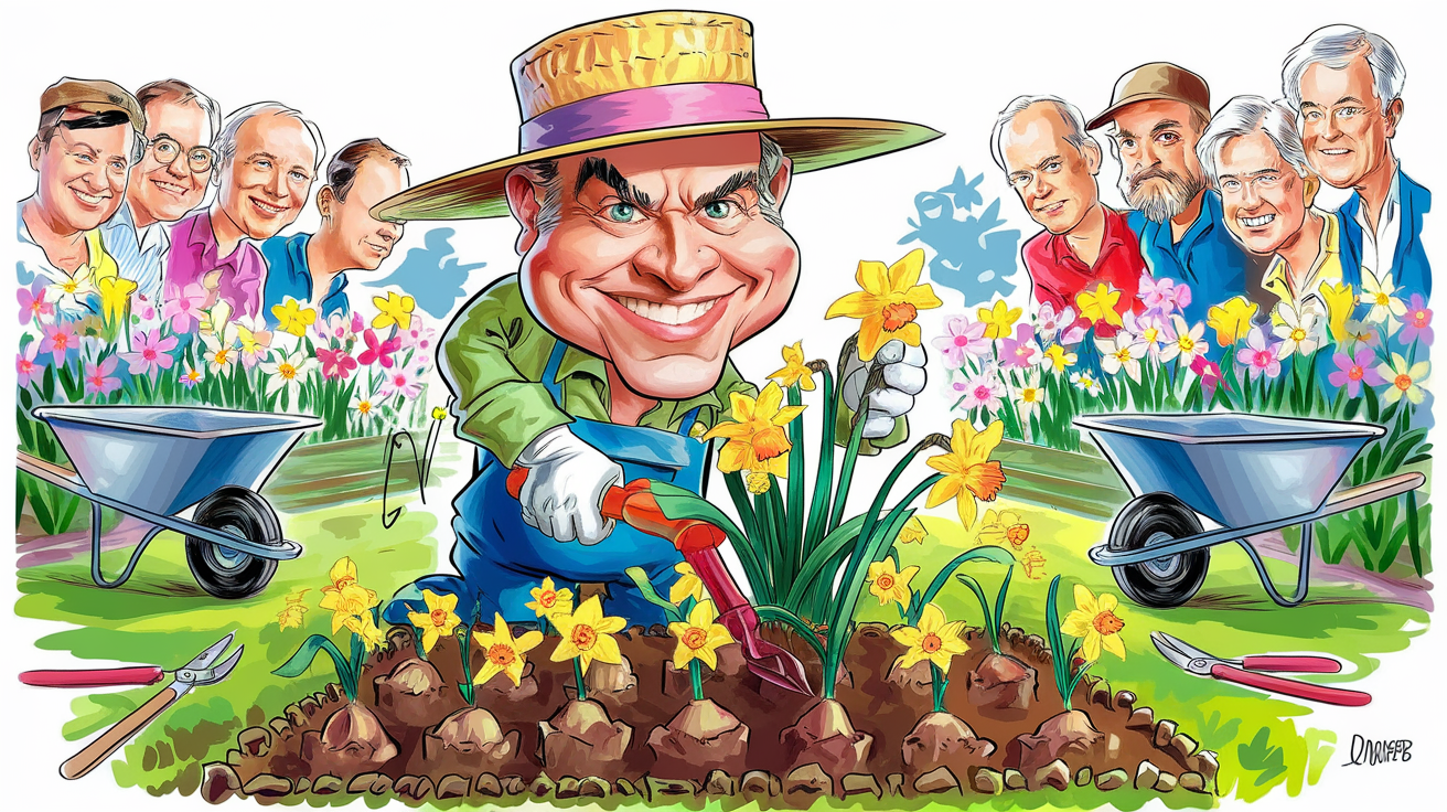Illustration humoristique d'un jardinier plantant des bulbes de narcisses sous le regard curieux des voisins.