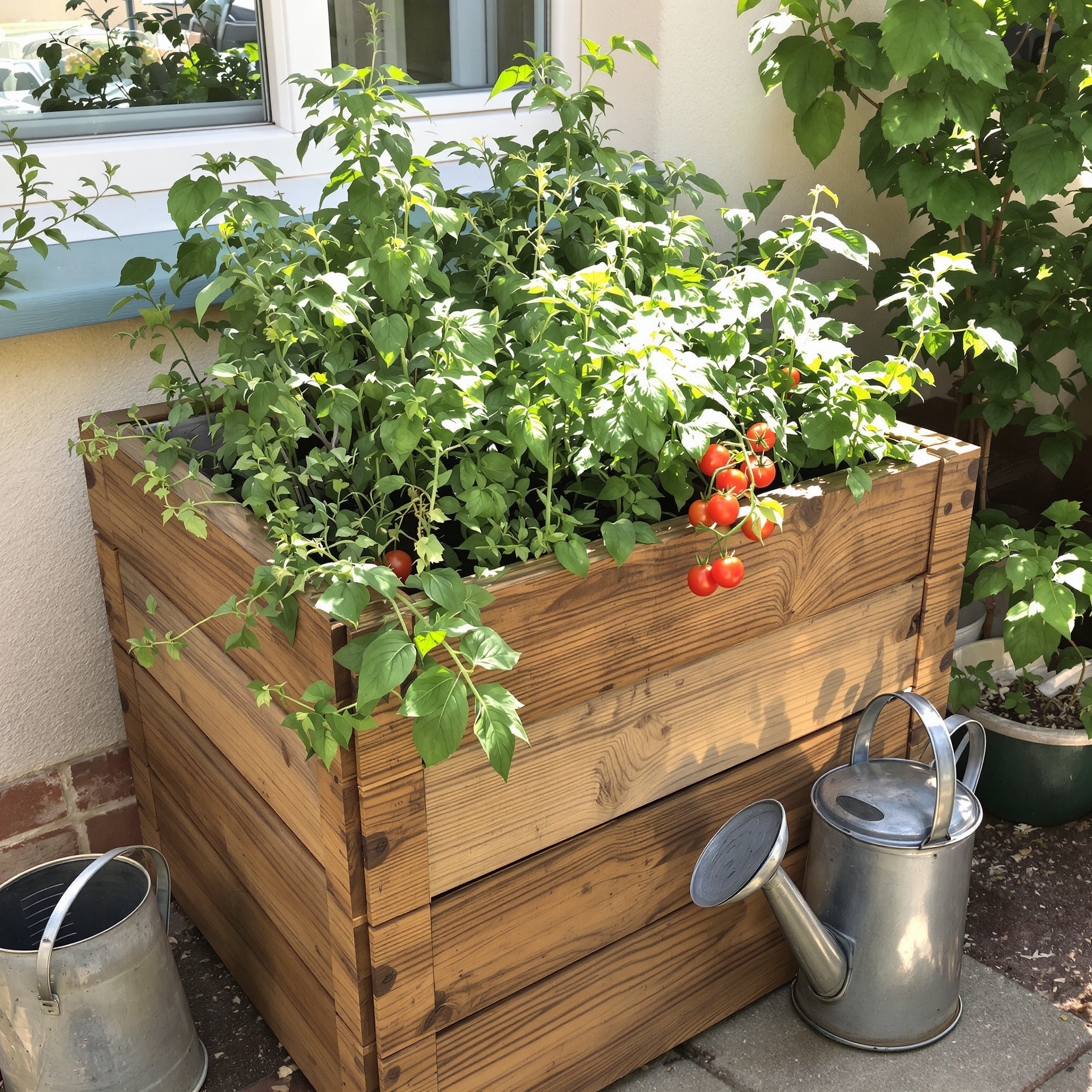 Petit carré potager en bois surélevé rempli d'aromatiques luxuriants avec arrosoir zinc