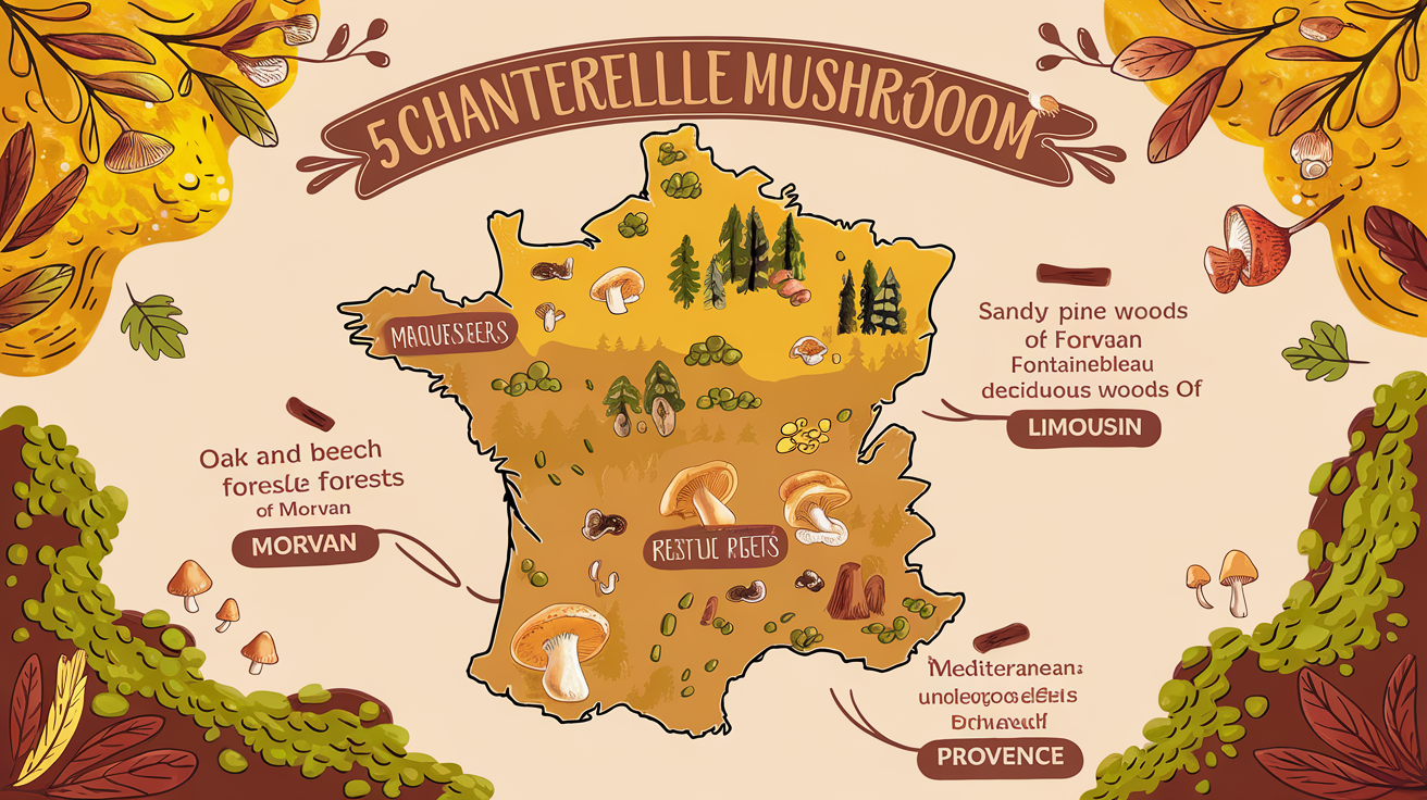 Carte des principaux lieux de cueillette de girolles en France, incluant le Morvan, Fontainebleau, le Limousin, les Vosges et la Provence.