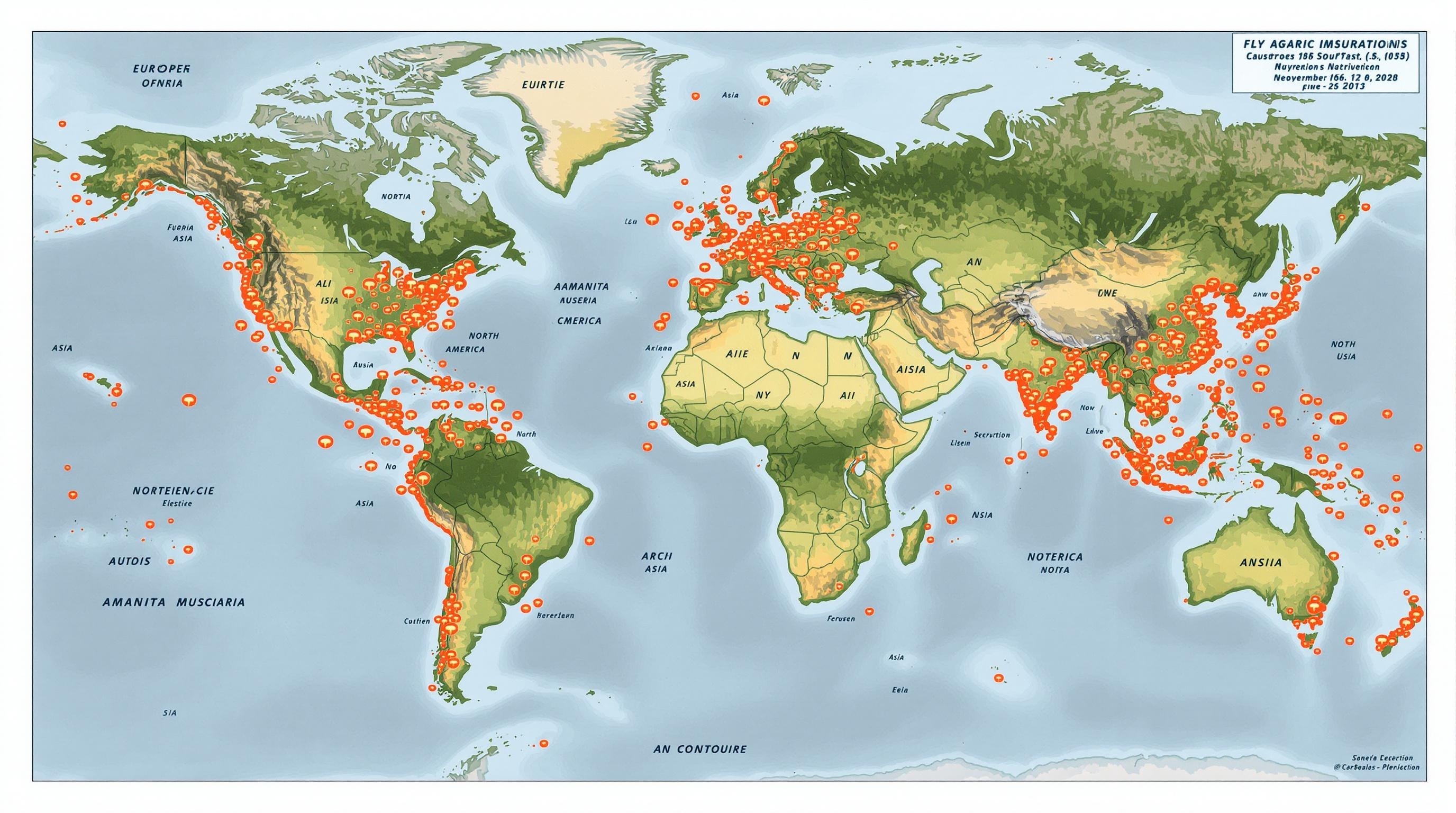 Carte illustrant la répartition mondiale de l'Amanite tue-mouches dans l'hémisphère nord principalement.