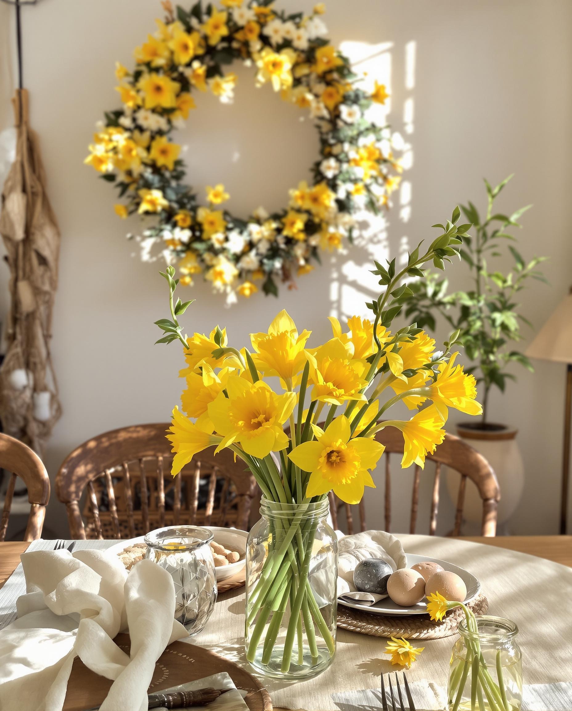 Centre de table bohème avec jonquilles et narcisses, et couronne murale printanière en matériaux recyclés.