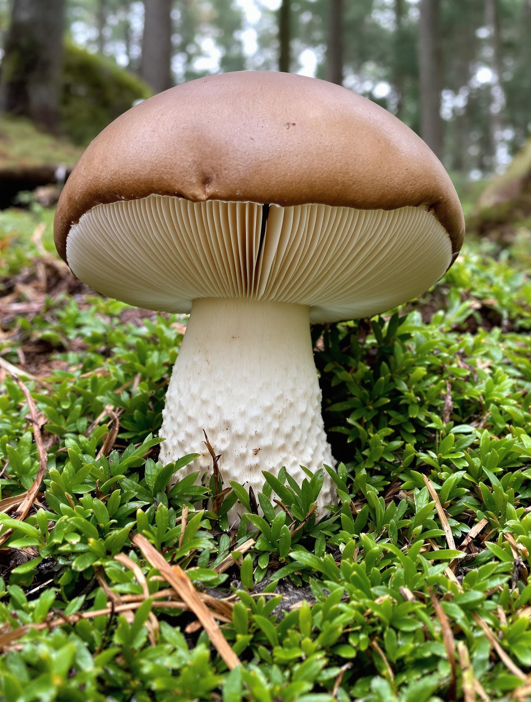 Cèpe des pins mature sur un lit de mousse et d’aiguilles de pin