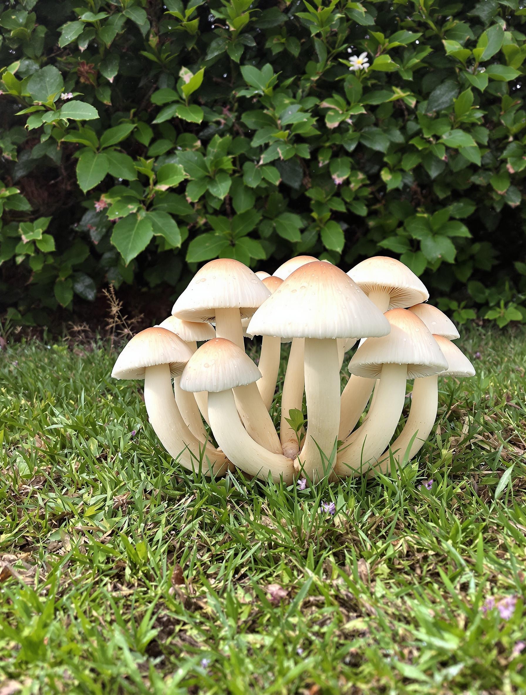 Cercle de mousserons (Calocybe gambosa) sur pelouse calcaire tondue irrégulièrement sous une haie