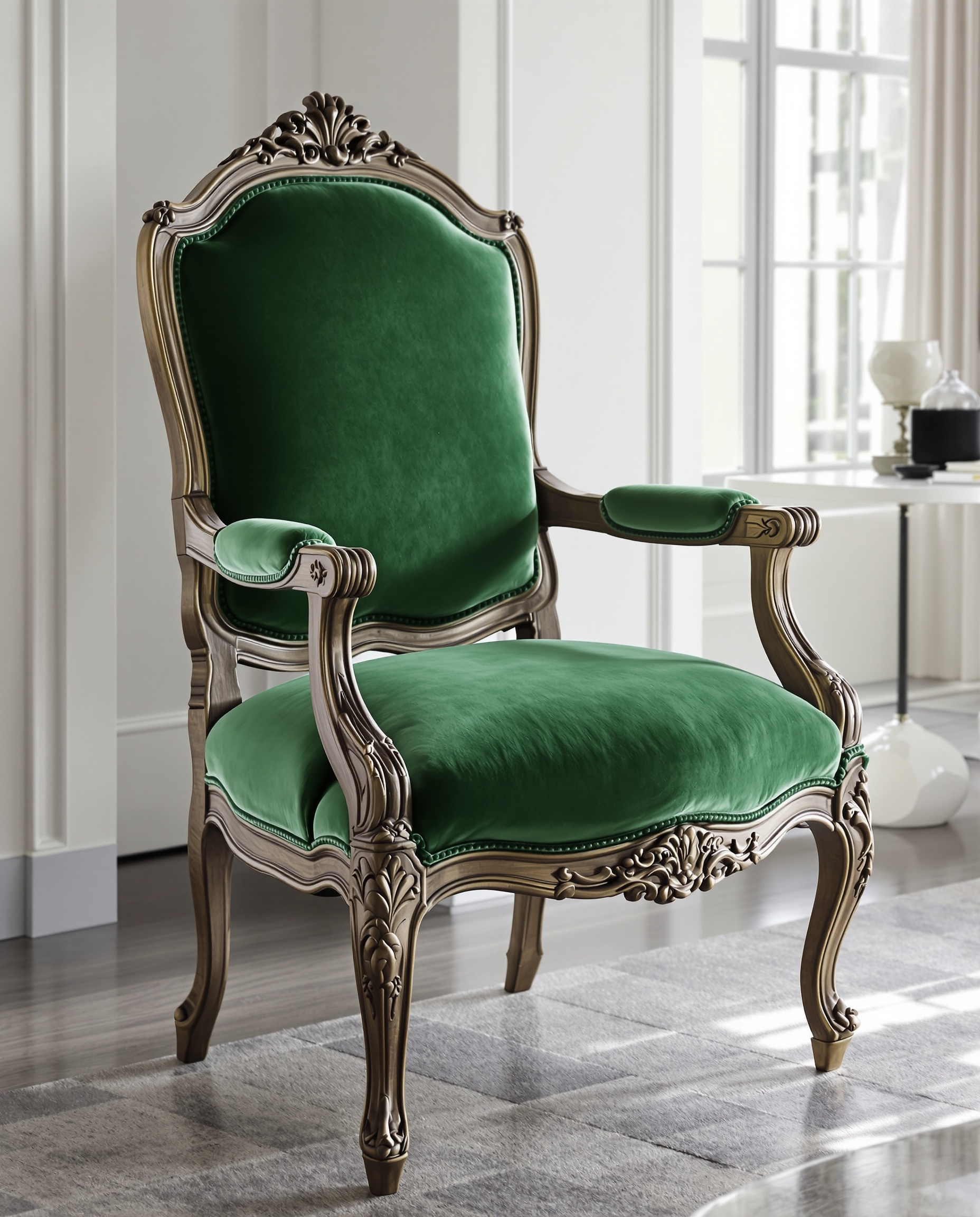 Chaise Louis XV en velours émeraude dans déco moderne