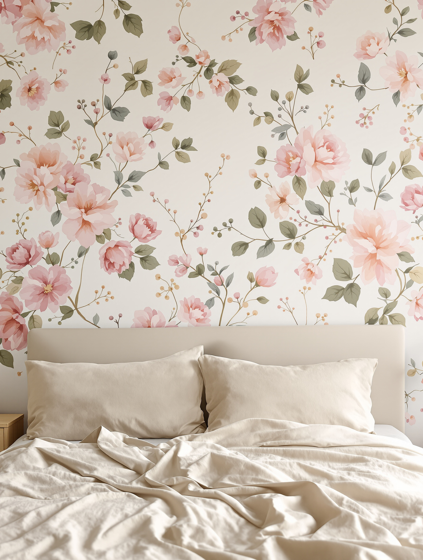 Chambre adulte décorée avec un papier peint panoramique floral aquarelle tons rose poudré et vert olive