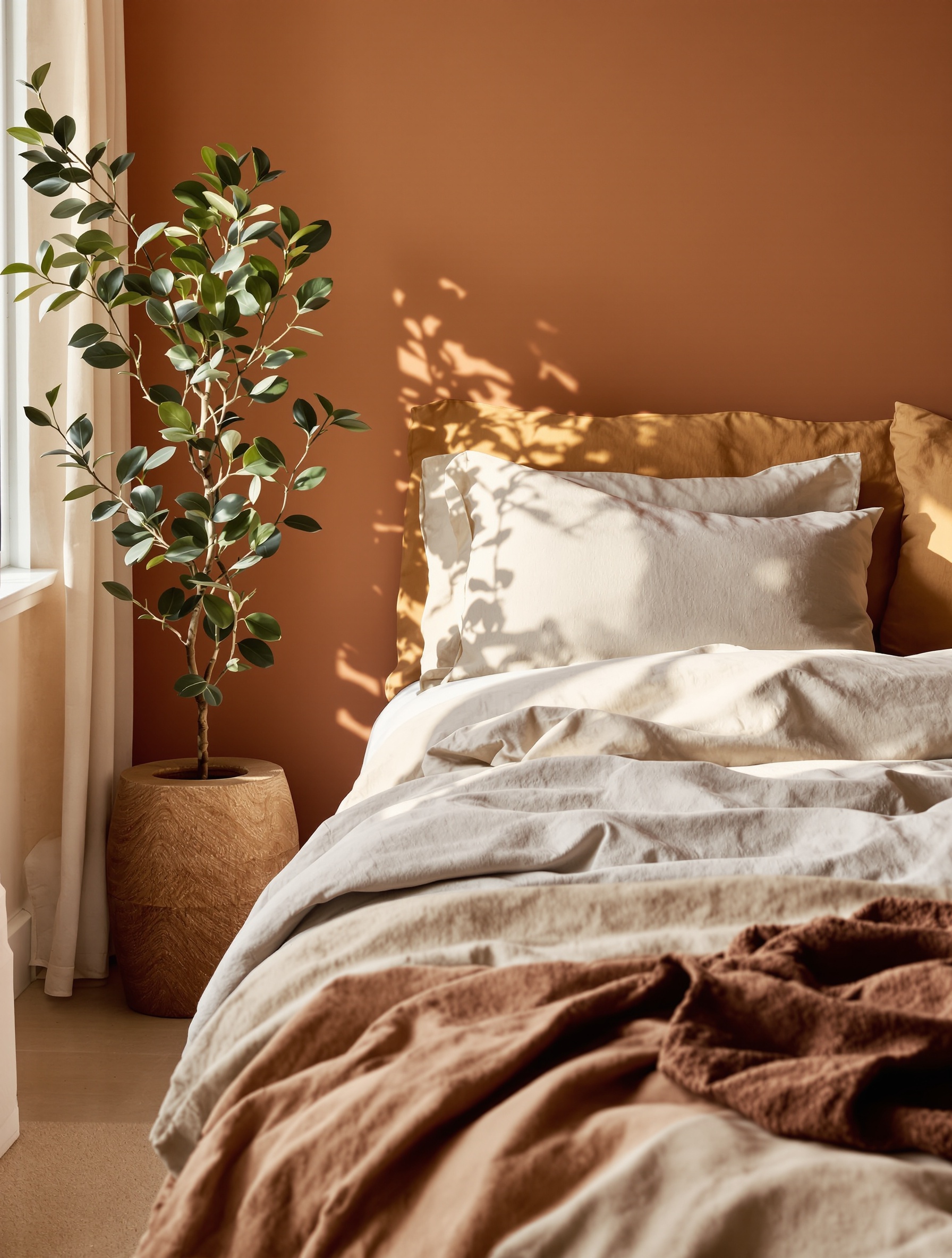 chambre adulte tendance couleurs terreuses lin plante bois 2025