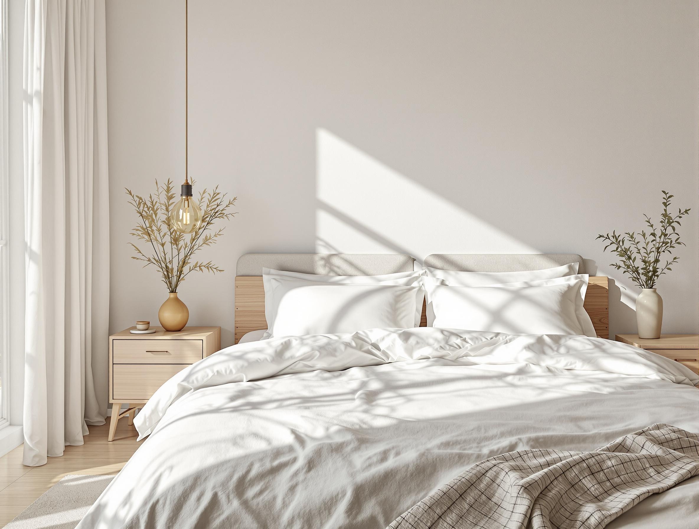 Une chambre cosy avec un mur gris clair, une parure blanche éclatante et du mobilier en bois naturel