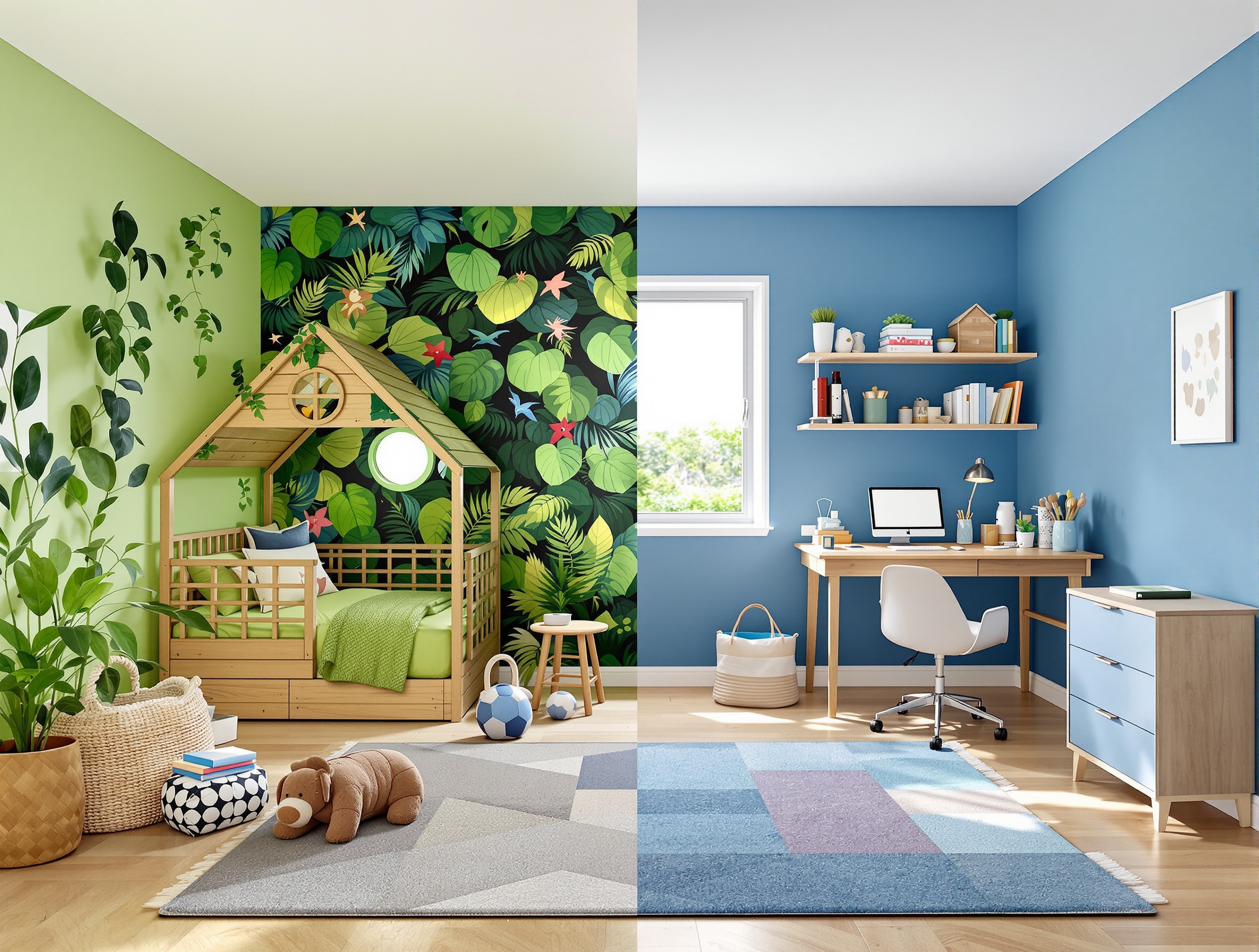 Chambre d'enfants divisée en deux univers grâce à un mur bicolore