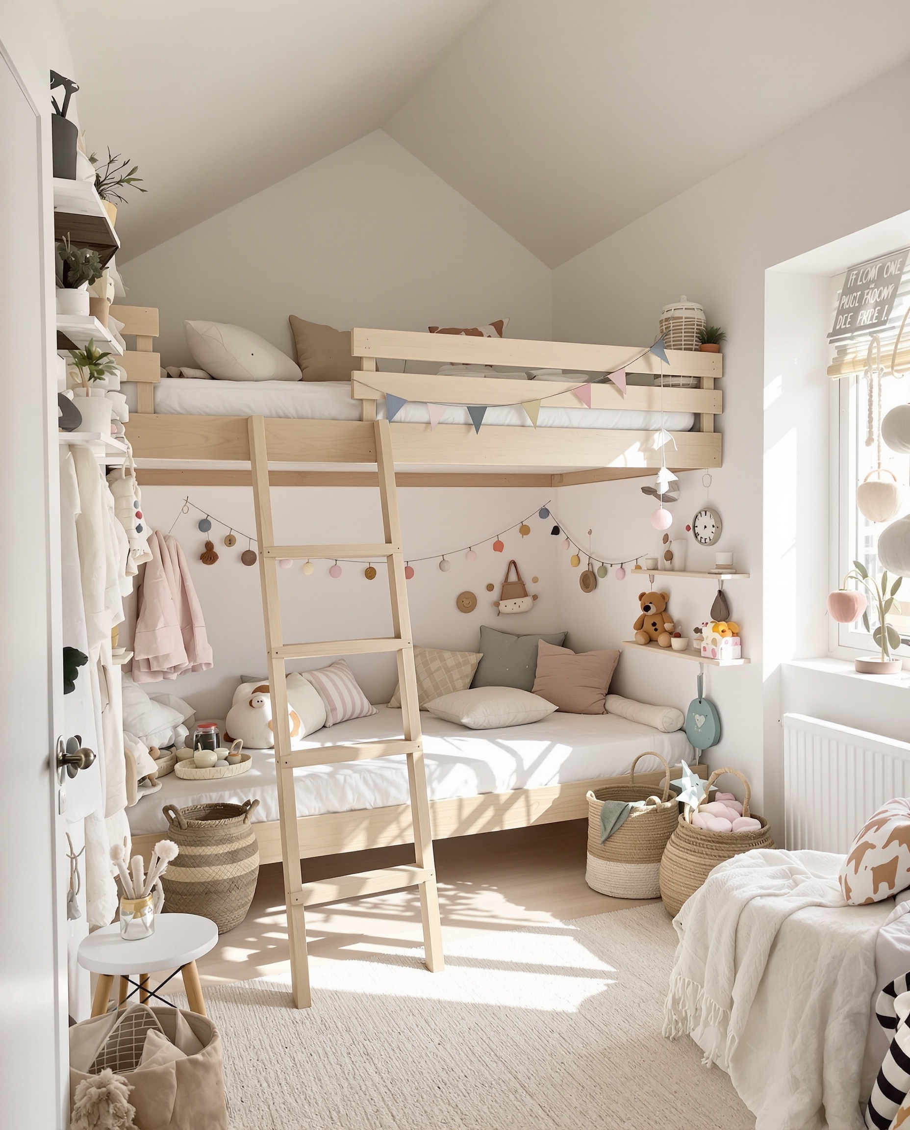 Petite chambre optimisée pour deux enfants avec lit-mezzanine et couleurs claires
