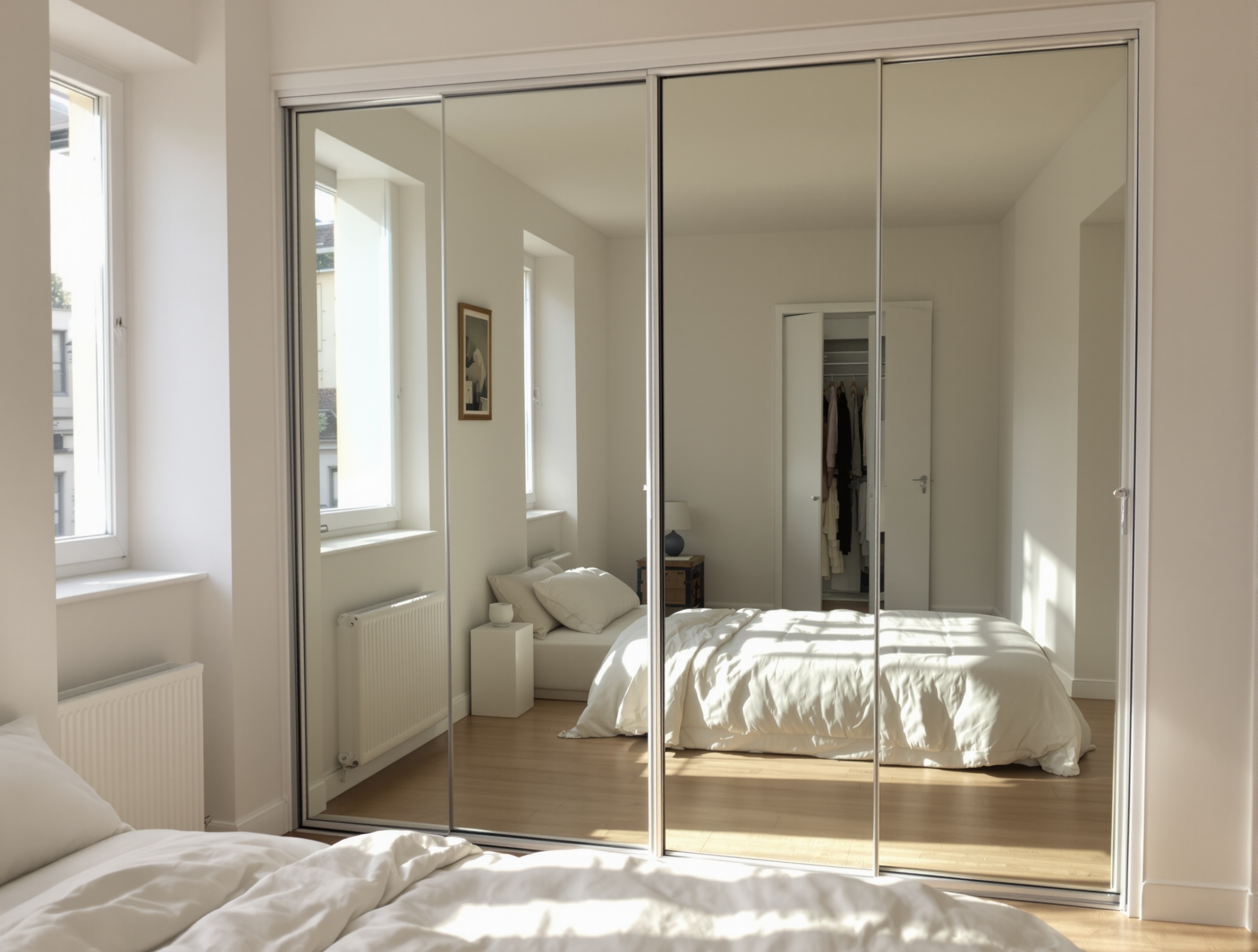 dressing avec portes coulissantes à miroir dans une petite chambre lumineuse