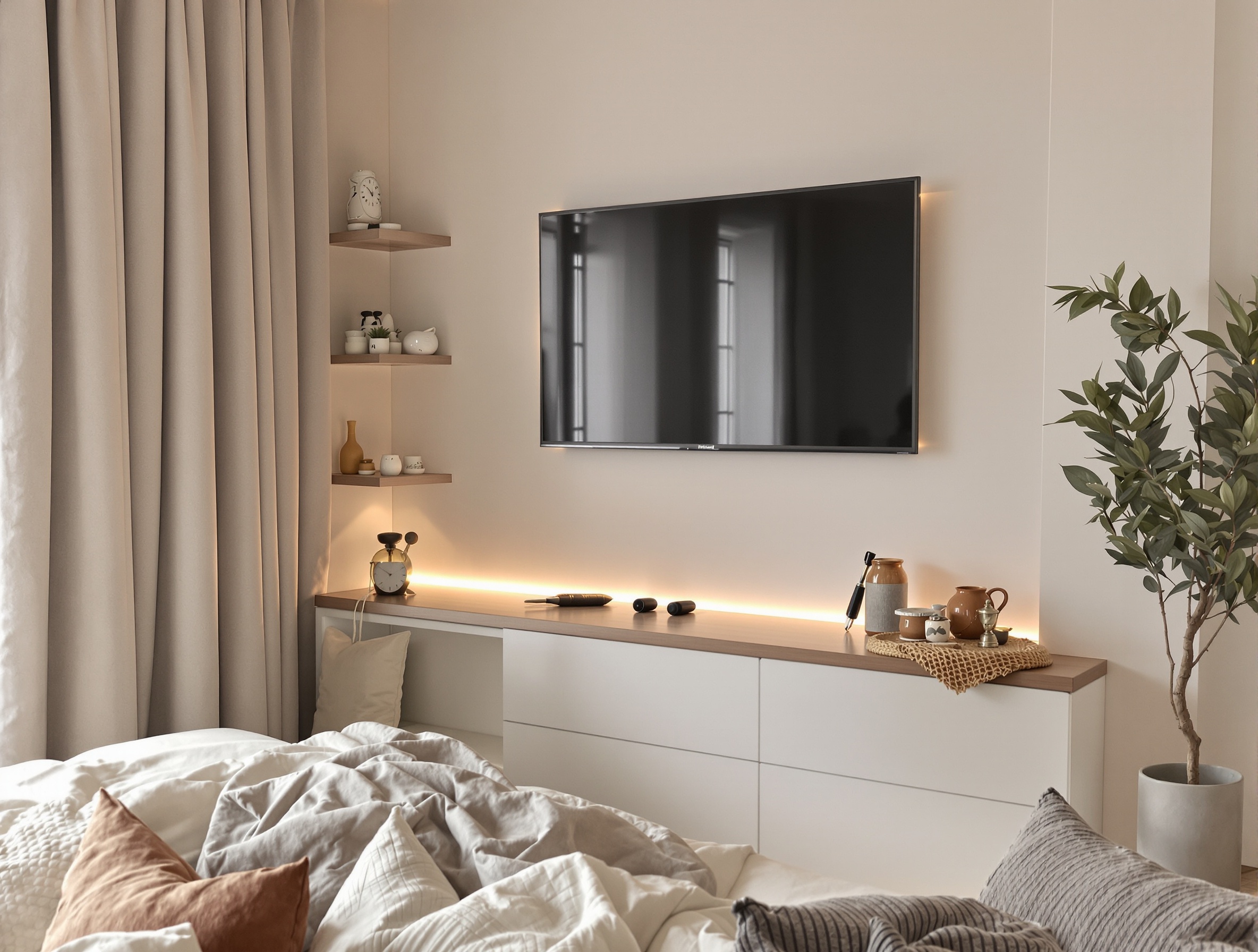 Télé discrète dans une chambre élégante – câbles invisibles et déco soignée