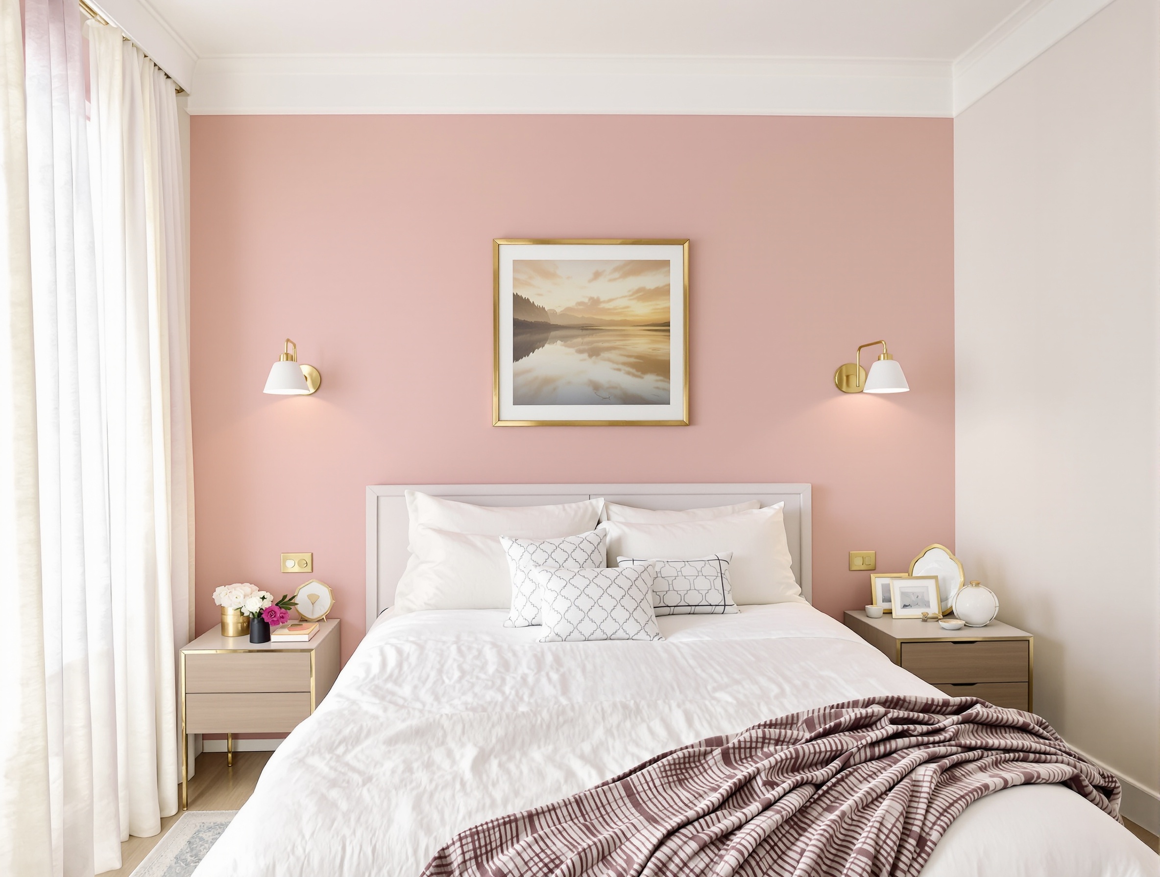 Chambre à coucher élégante mur accent vieux rose linge lit blanc touches dorées luminaires cadres