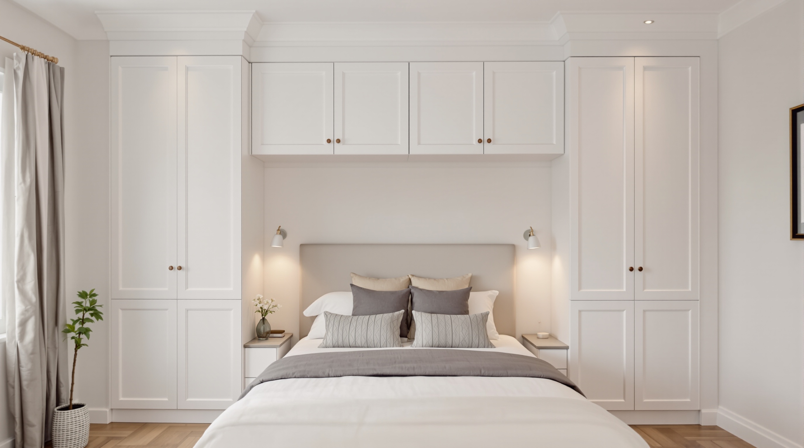 dressing sur mesure installé derrière la tête de lit dans une chambre parentale lumineuse