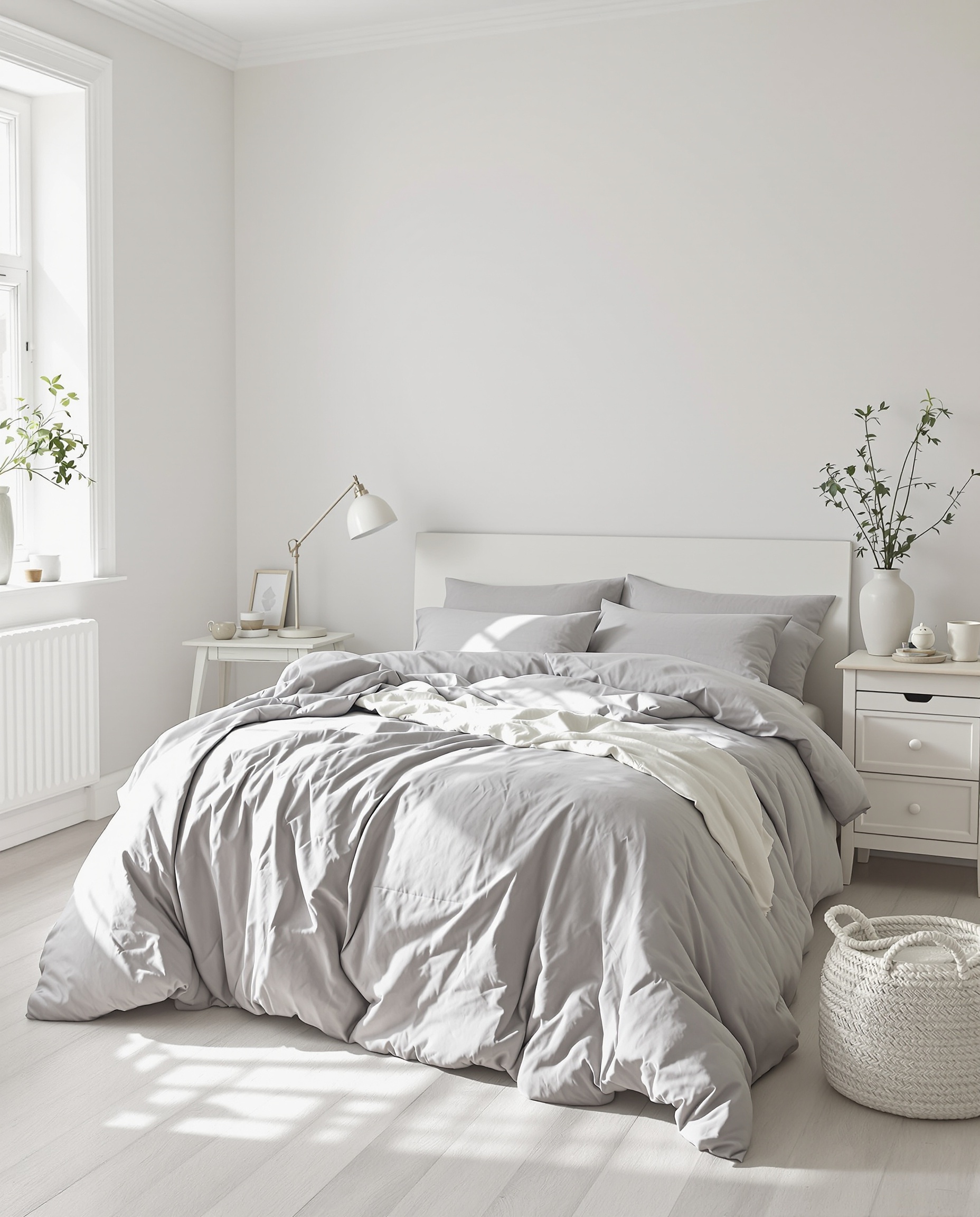 Chambre scandinave épurée avec housse de couette en flanelle gris perle
