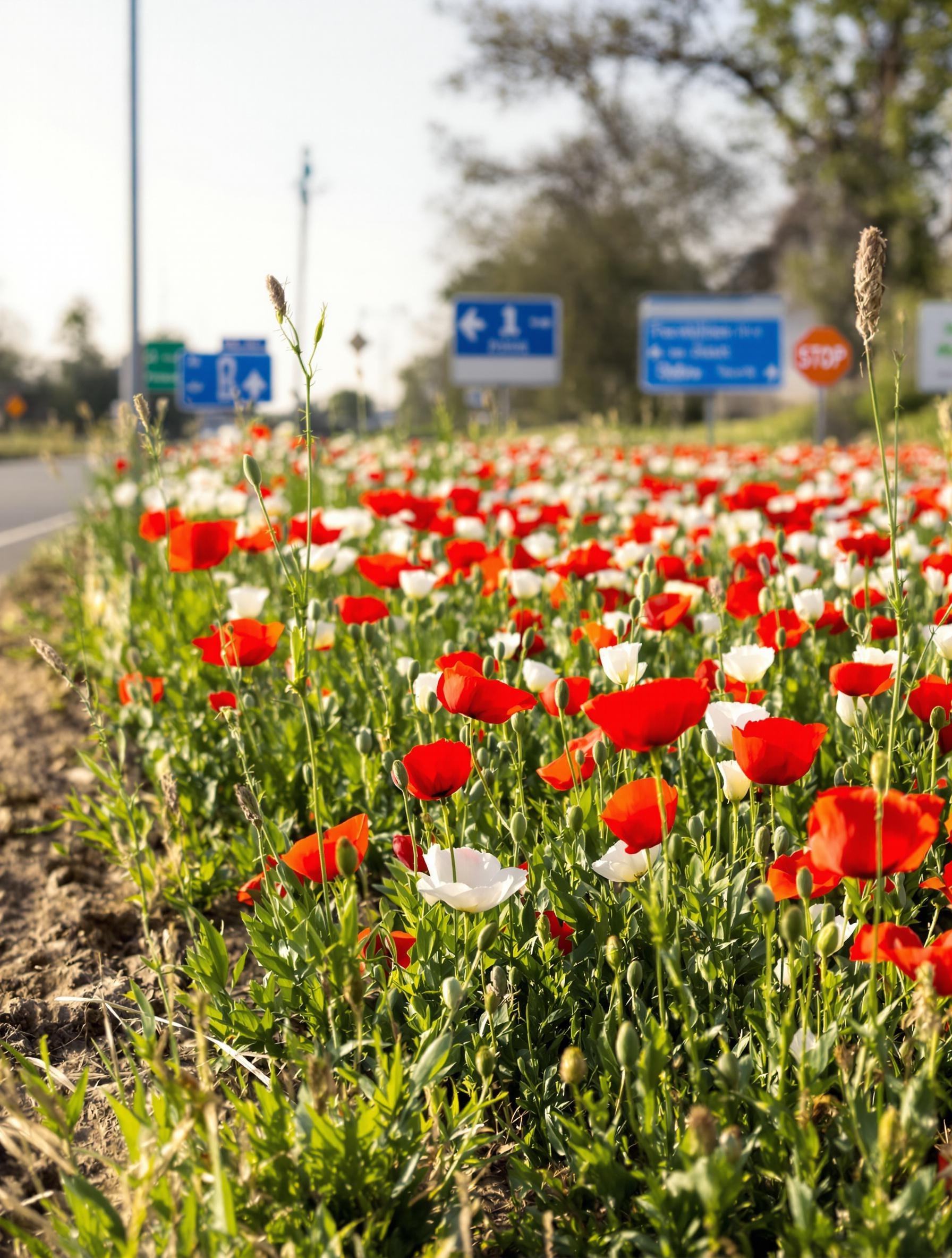 Coquelicots blancs dans une friche urbaine au bord d’une route