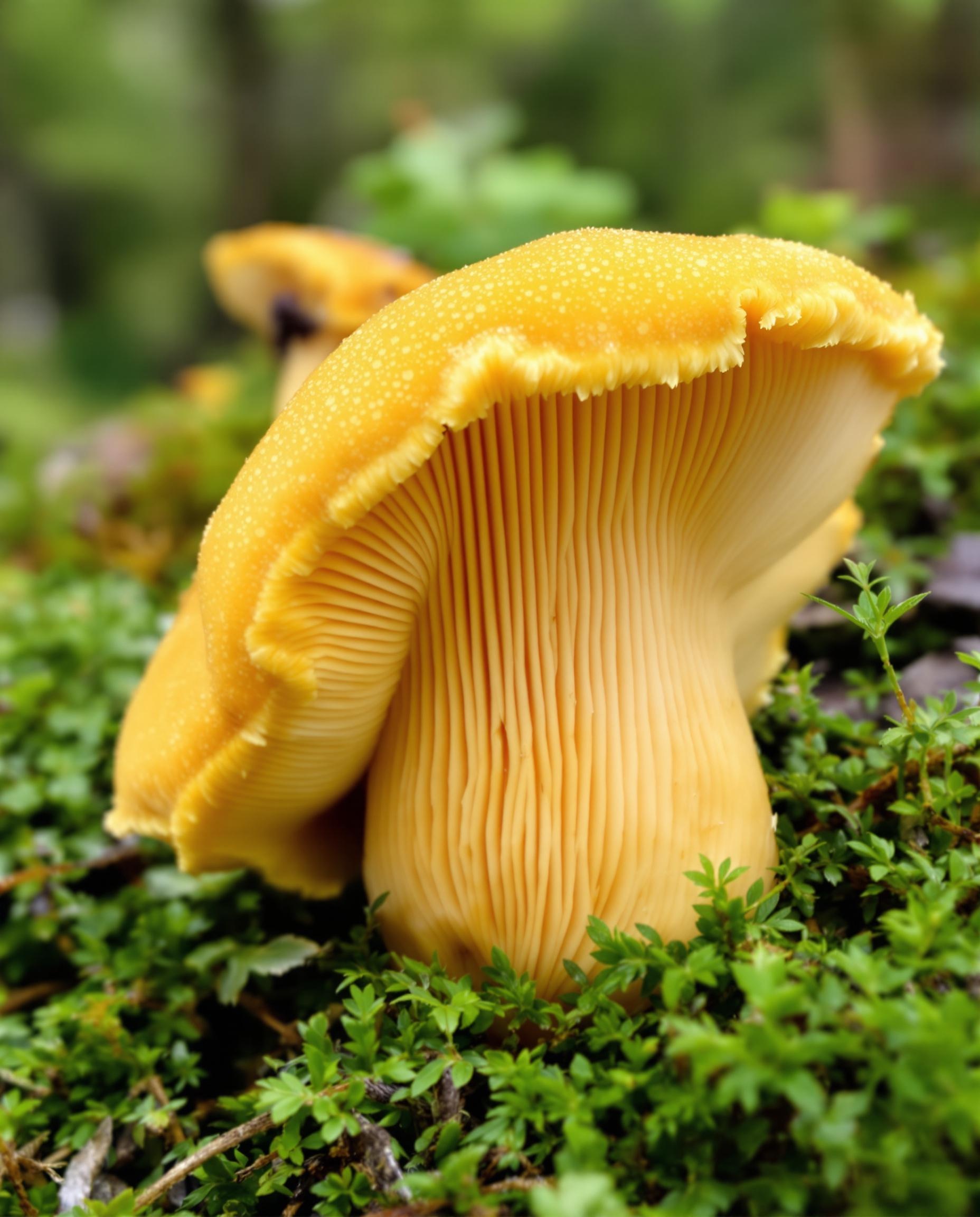 Gros plan d’une girolle fraîche posée sur un lit de mousse forestière, avec un focus sur les plis sous le chapeau. Jaune doré éclatant, texture veloutée du chapeau. Bois humide en arrière-plan.