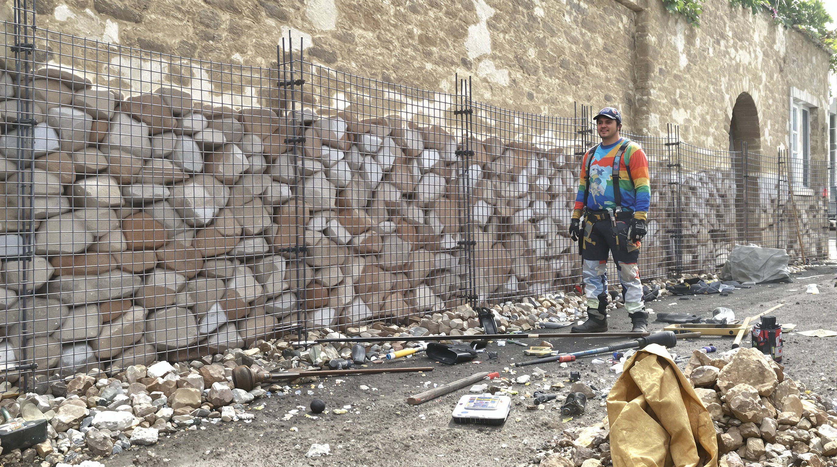 Montage mur gabion chantier décalé