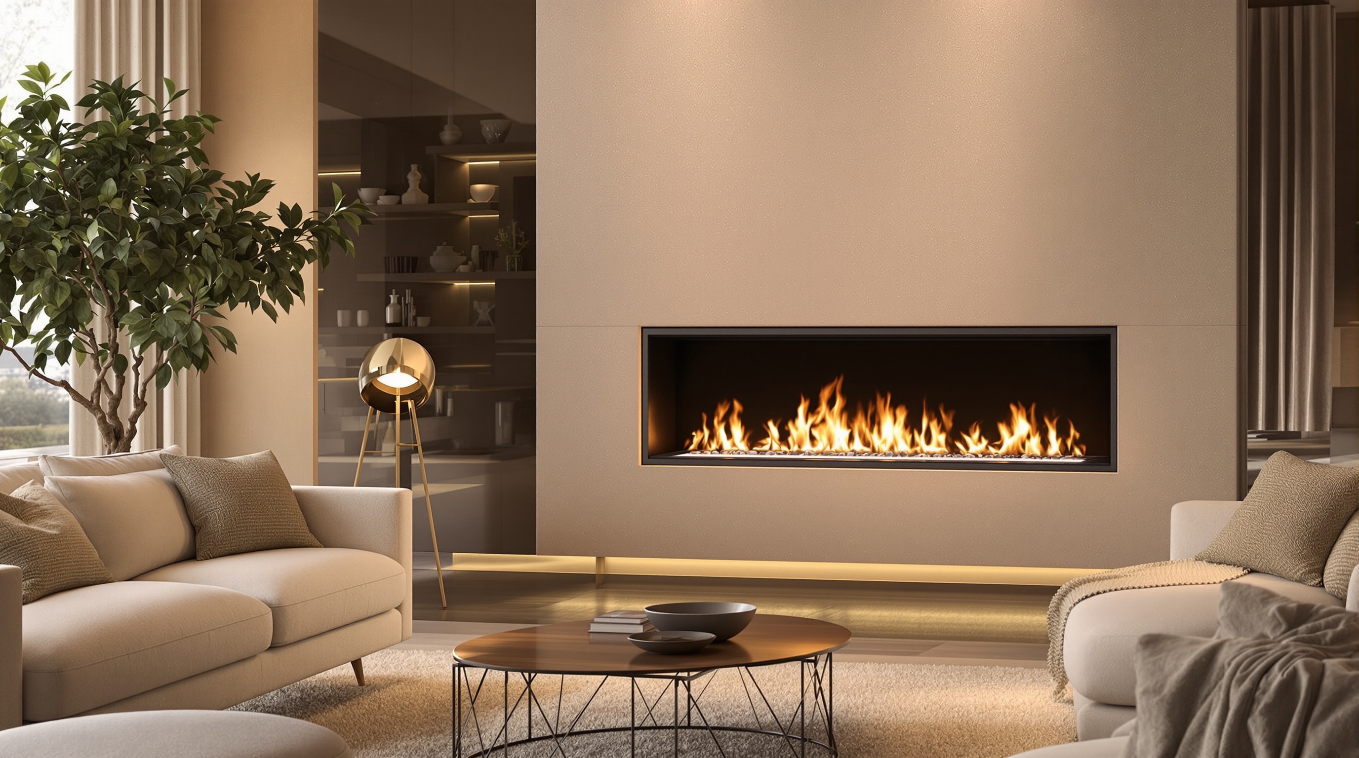 Cheminée bioéthanol moderne dans un salon chaleureux, la flamme visible crée une ambiance cosy. Le décor met l'accent sur le côté décoratif, pas sur la puissance calorifique brute.