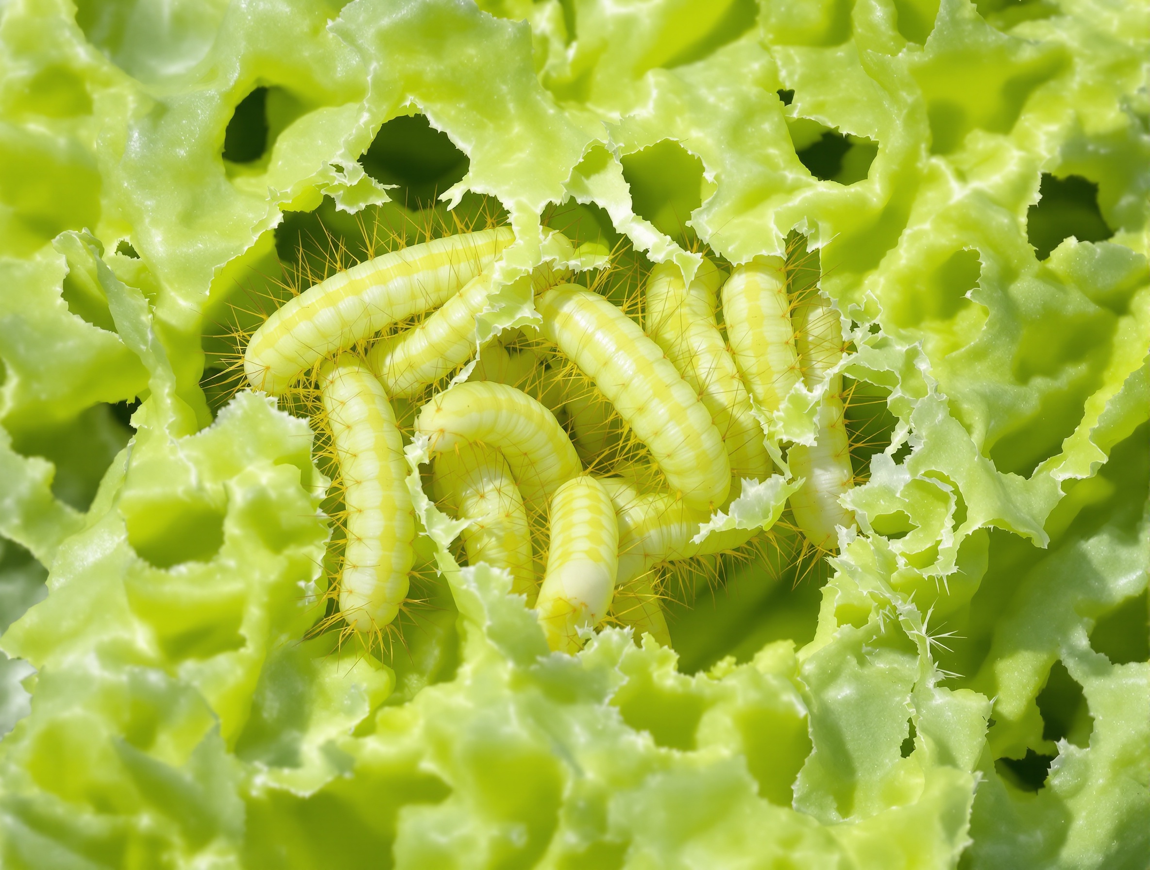 Invasion de chenilles Piéride sur feuille de chou