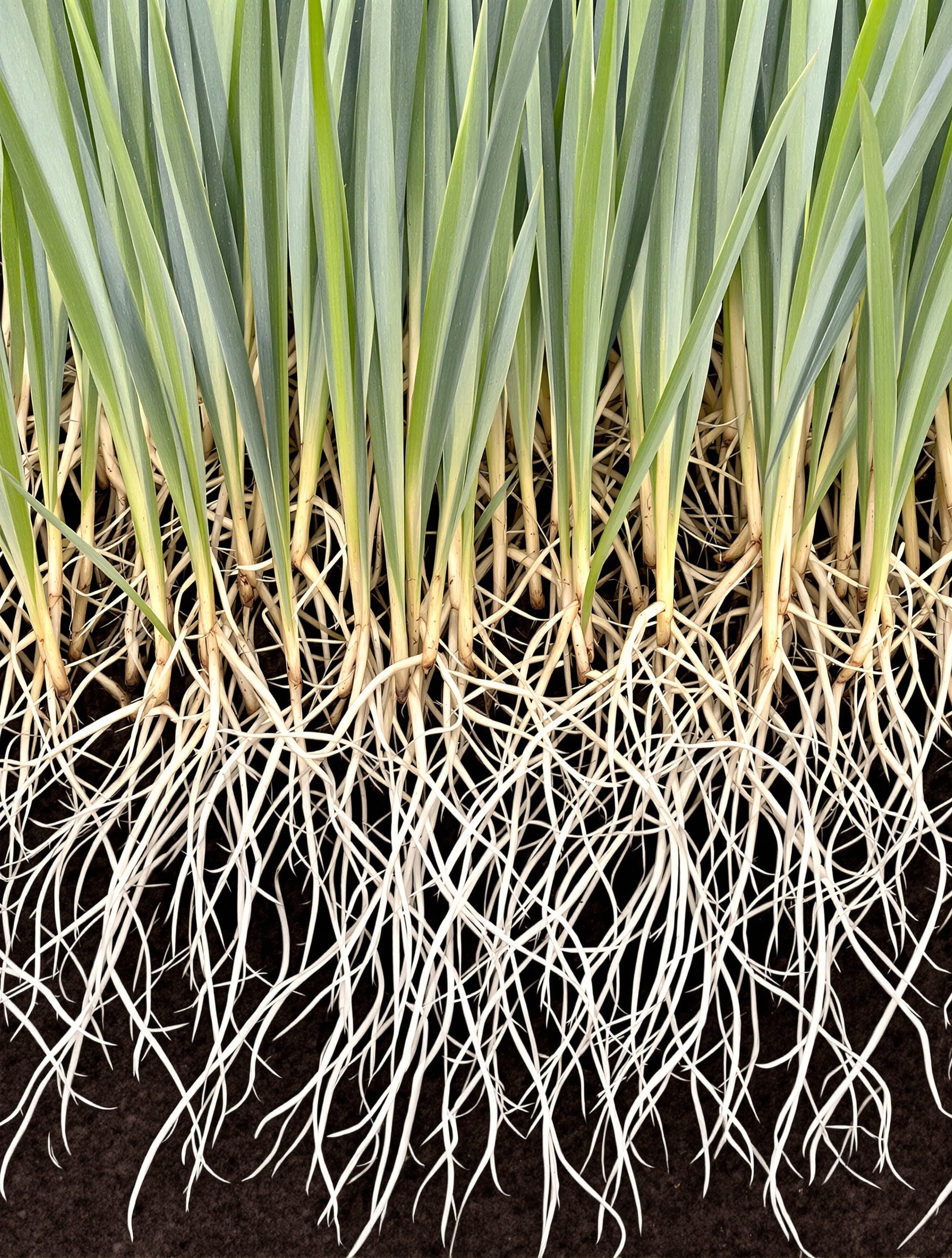 Système racinaire du chiendent : rhizomes blancs entremêlés sous terre, avec départs de feuilles linéaires à la surface.