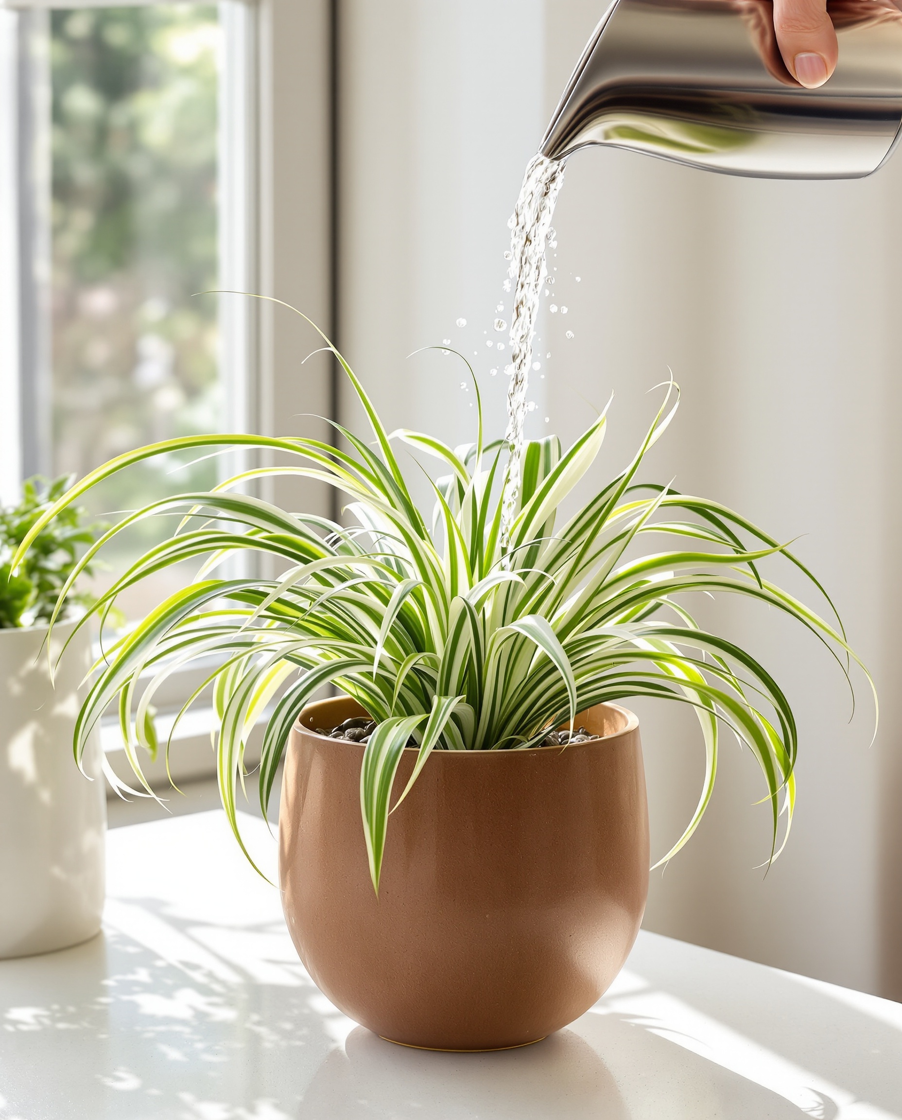 Chlorophytum comosum avec arrosage et drainage dans un salon moderne