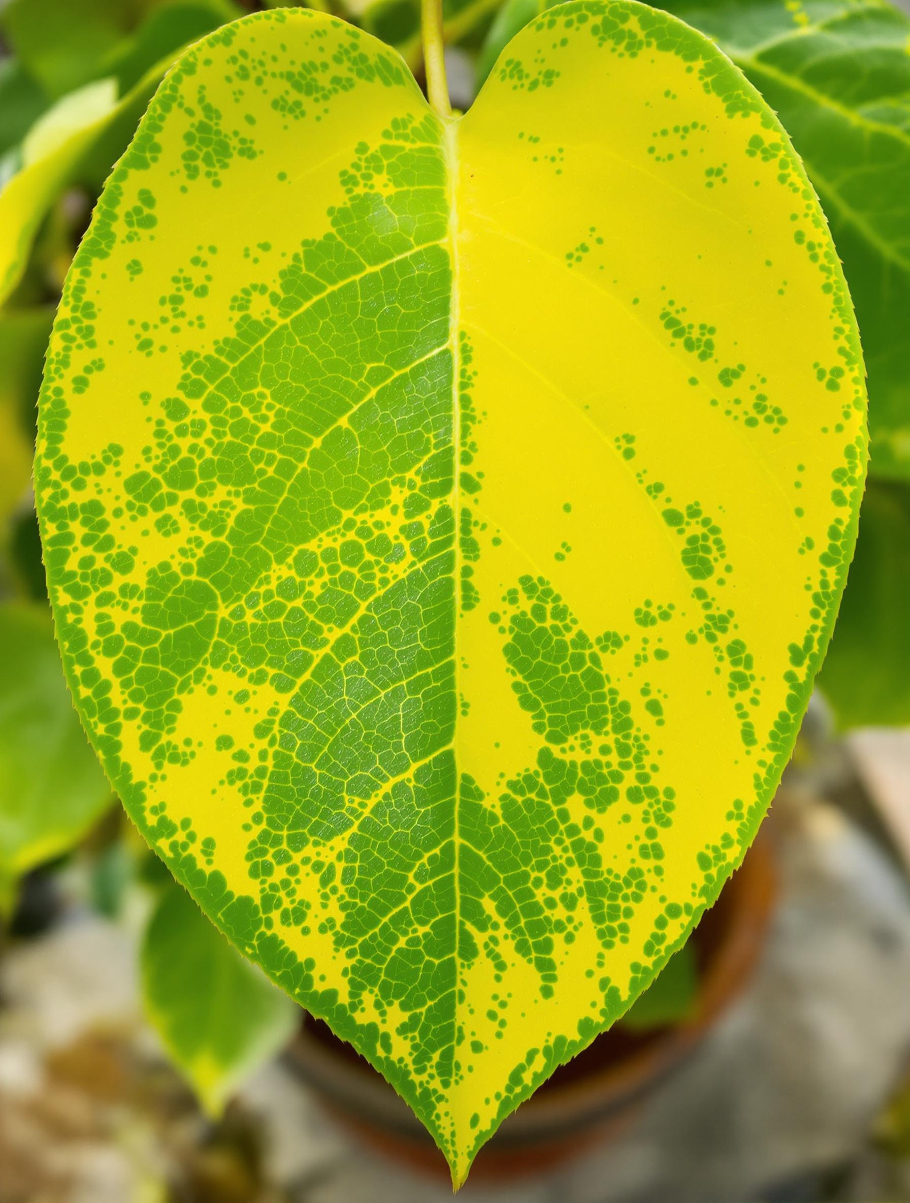 Feuille de citronnier en pot avec chlorose ferrique : nervures vertes, limbe jaune.