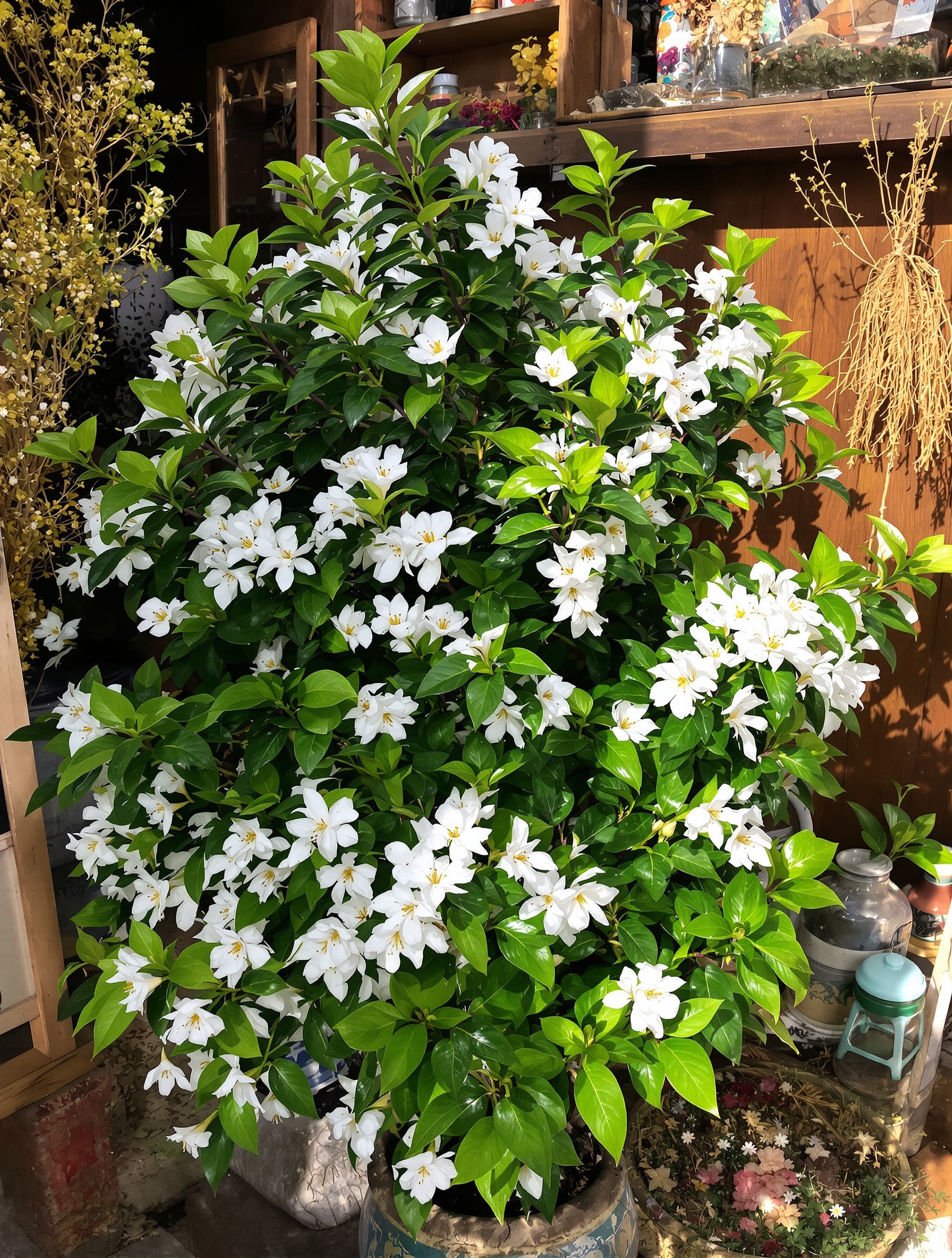 Choisya feuillage brillant fleurs blanches cabane jardin bohème pot-pourri