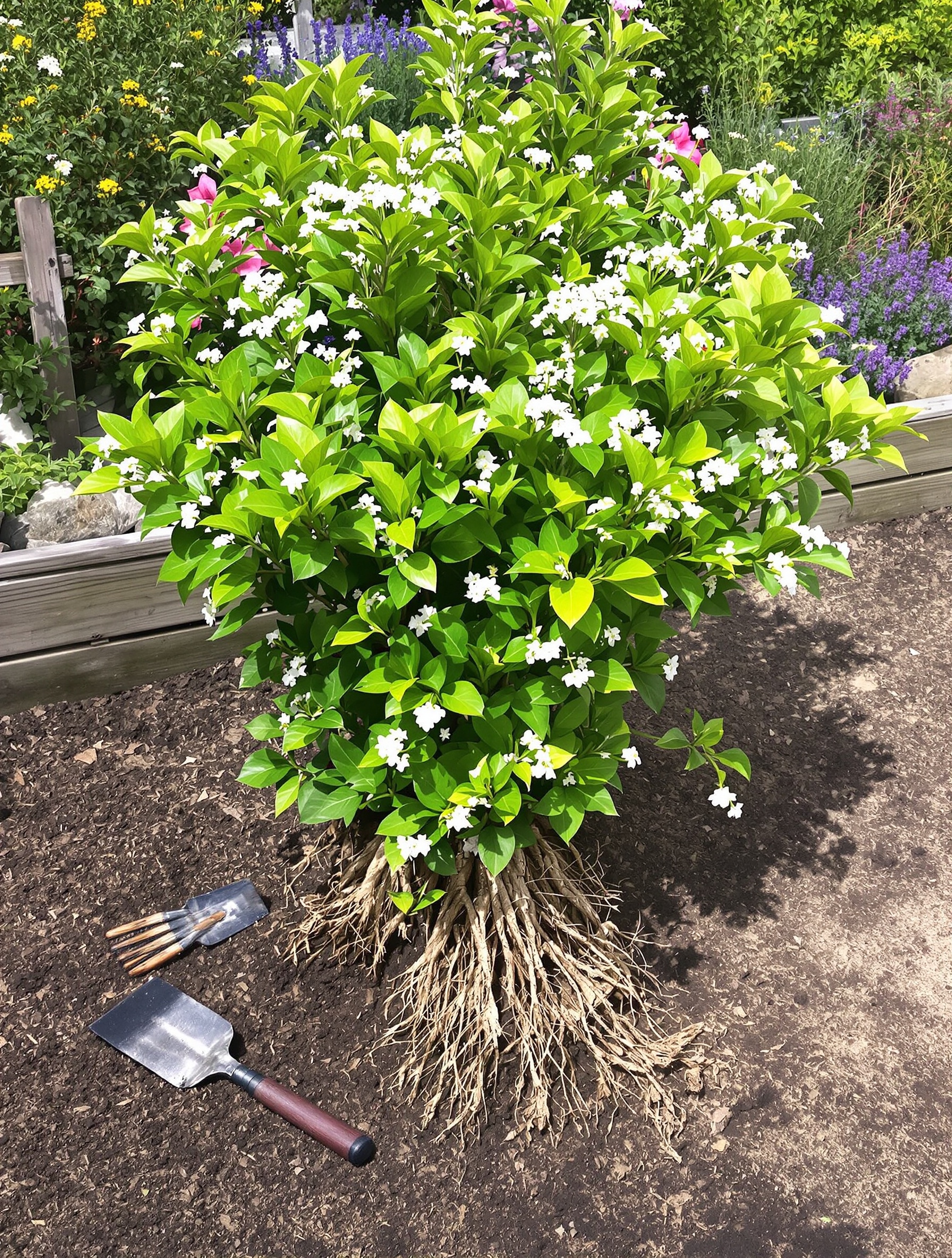Plantation d'un Choisya en pleine terre dans un jardin bohème