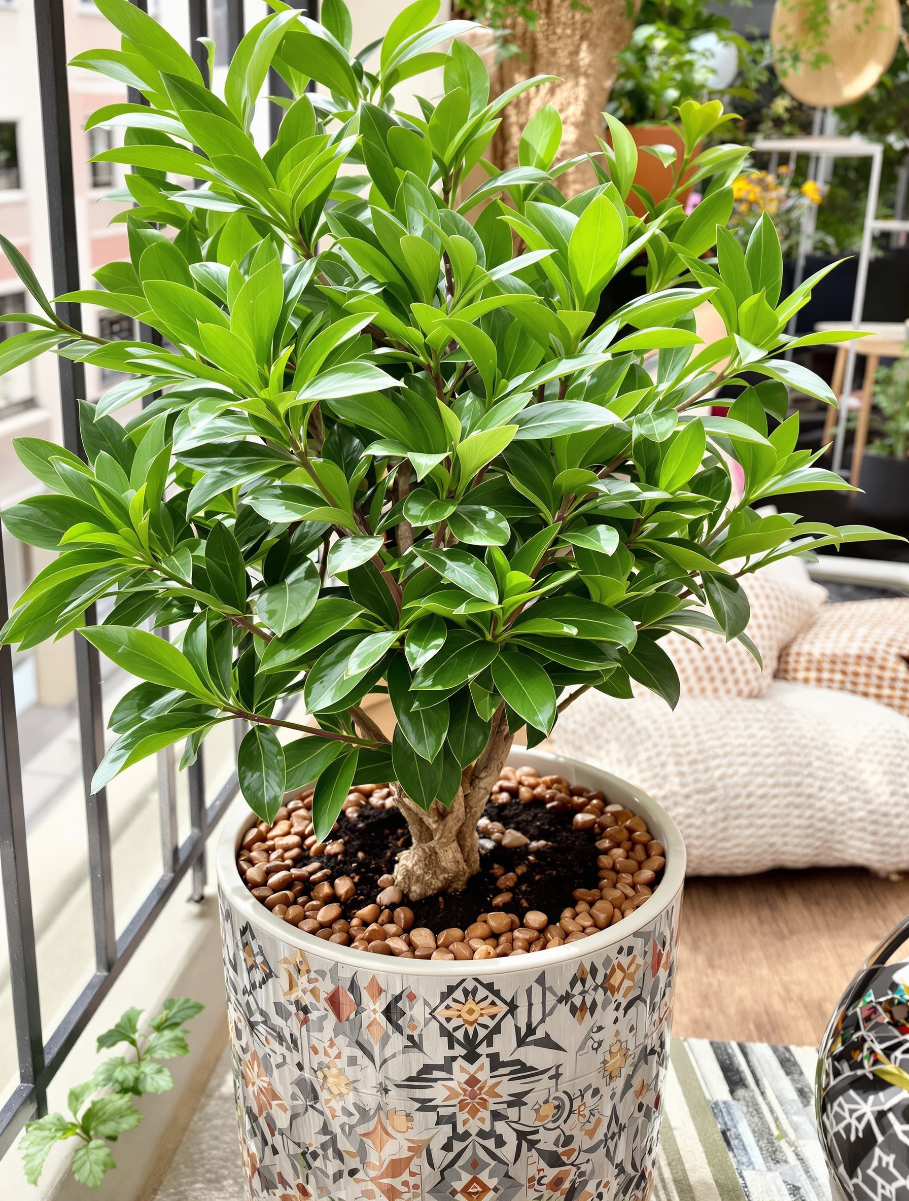 Choisya Oranger du Mexique planté dans un pot design sur balcon bohème
