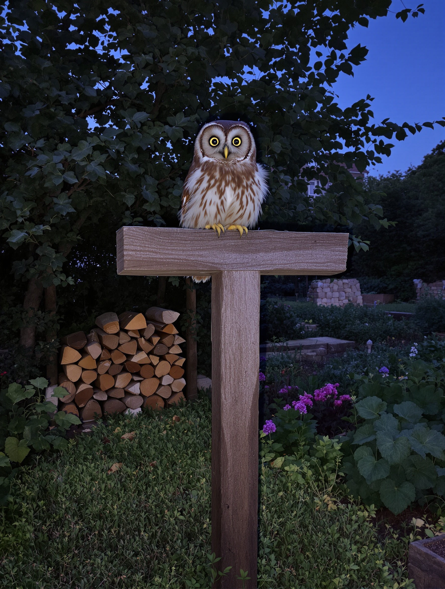 perchoir avec chouette hulotte et tas de bois pour fouine dans un potager naturel