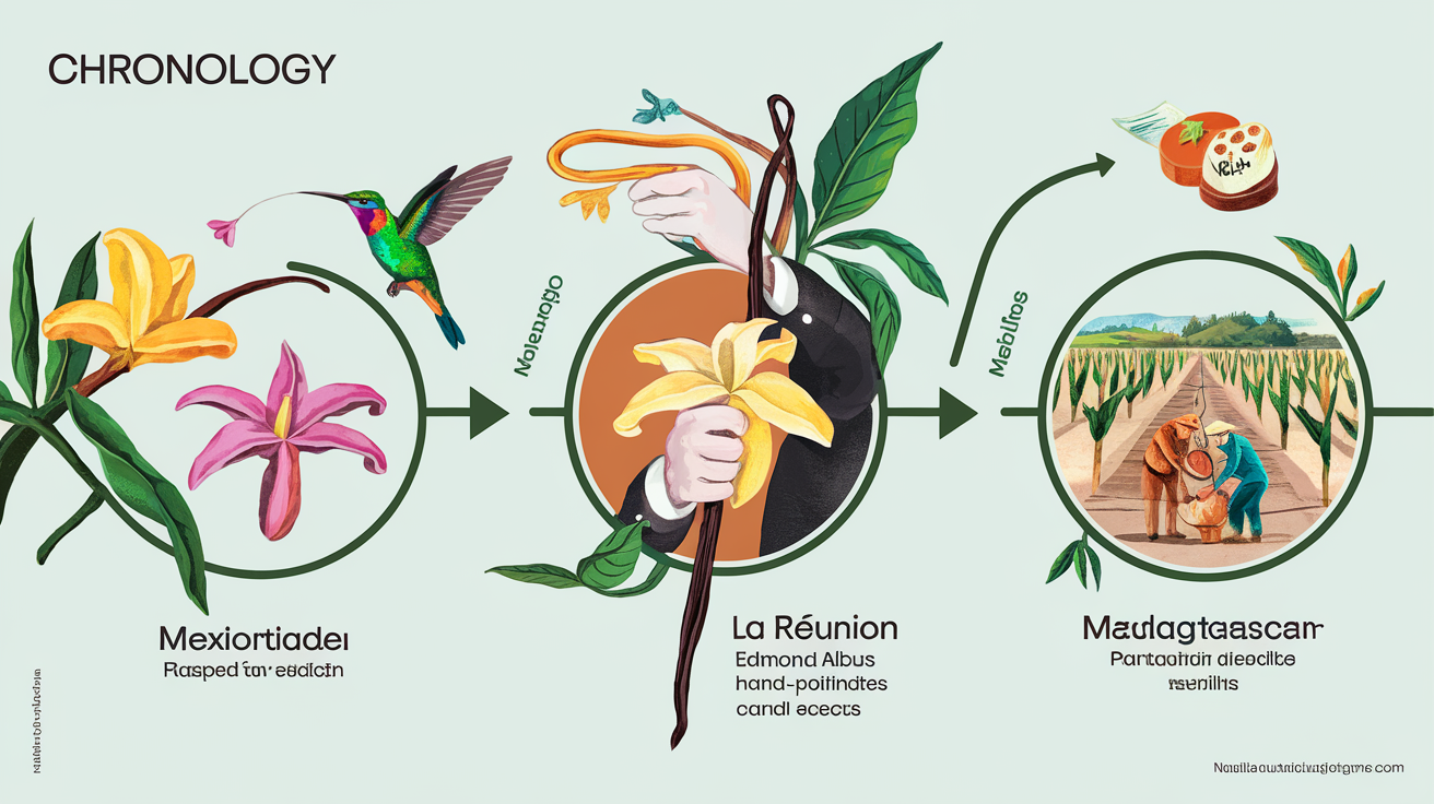 Chronologie visuelle vanille – colibri Mexique, Edmond Albus Réunion, plantations Madagascar