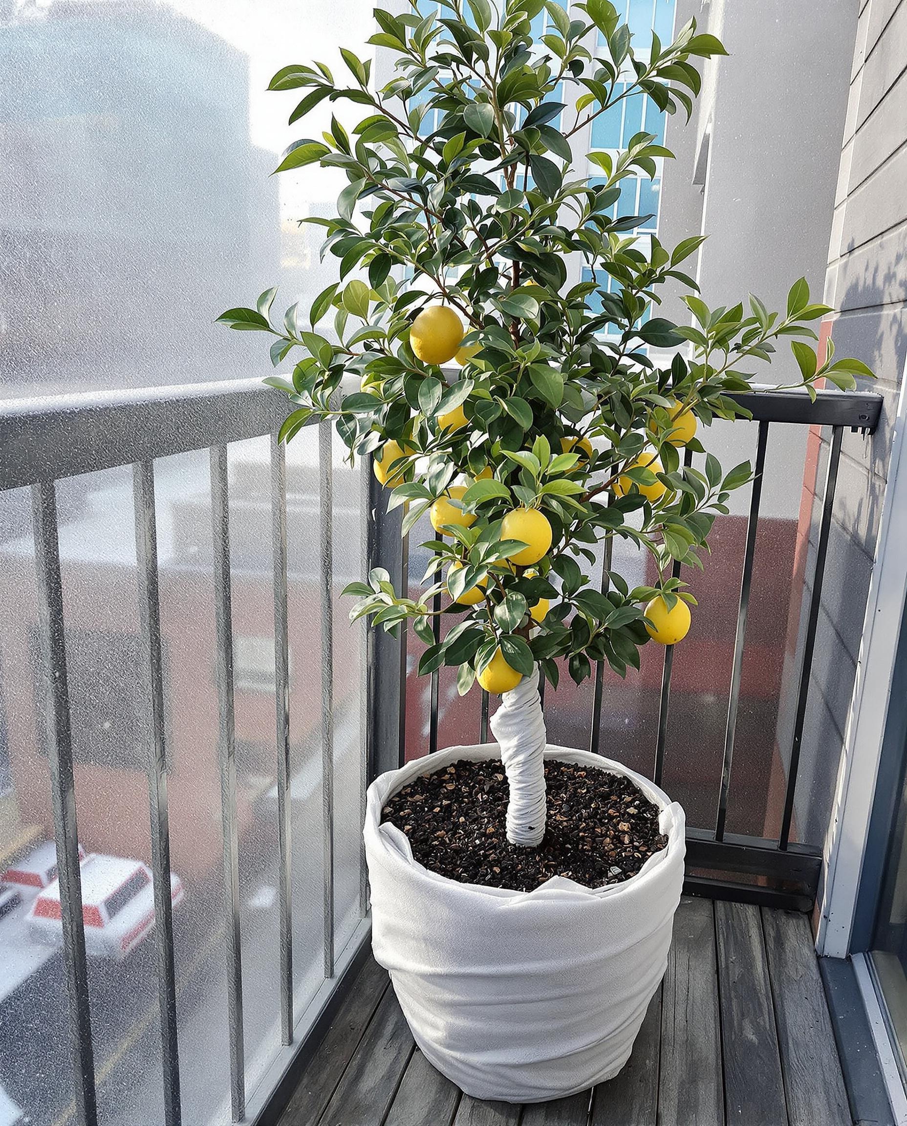 Citronnier paillé avec basalte et marc de café, sous voile d’hivernage.