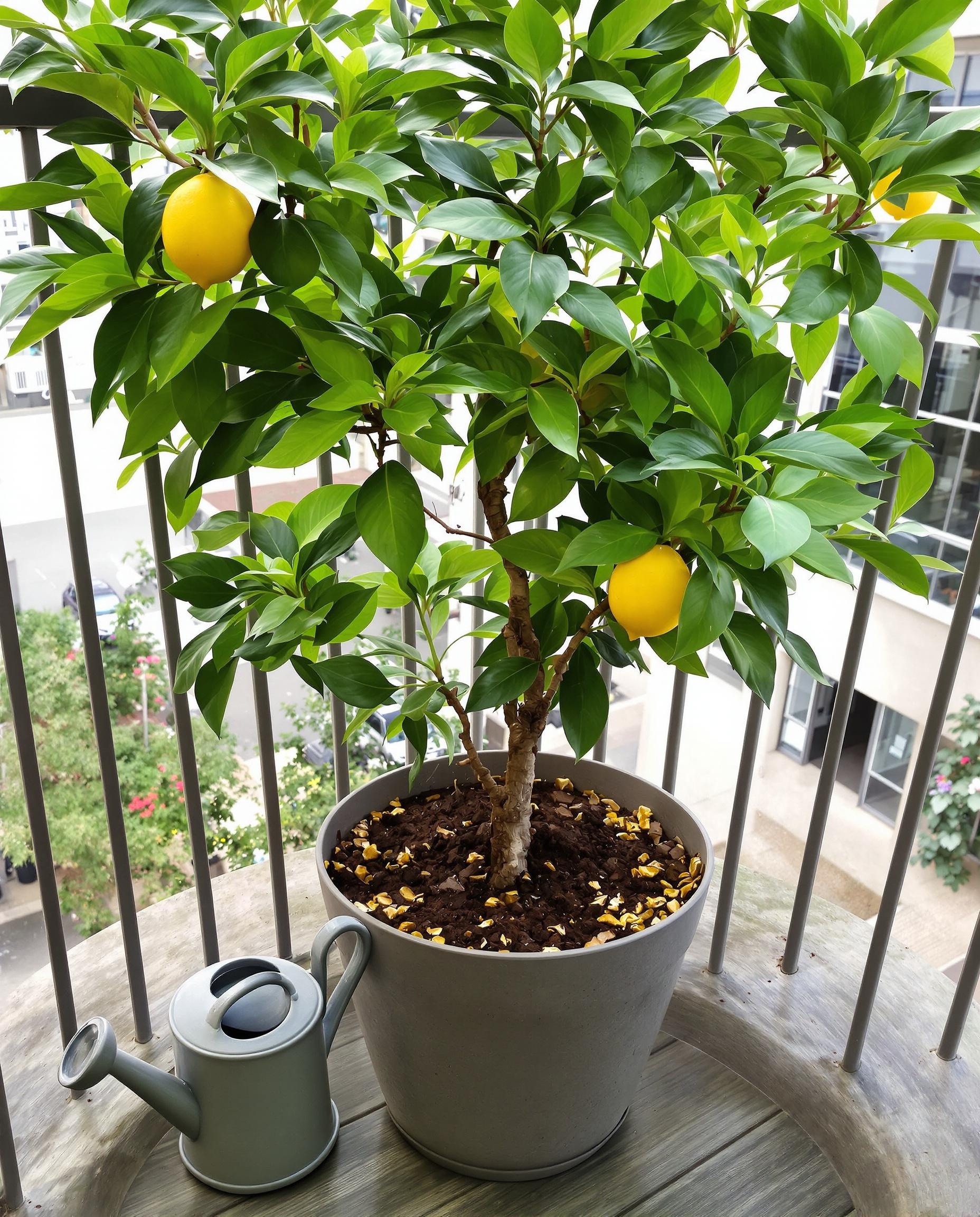 Citronnier en pot urbain avec feuillage vert éclatant et paillage visible.
