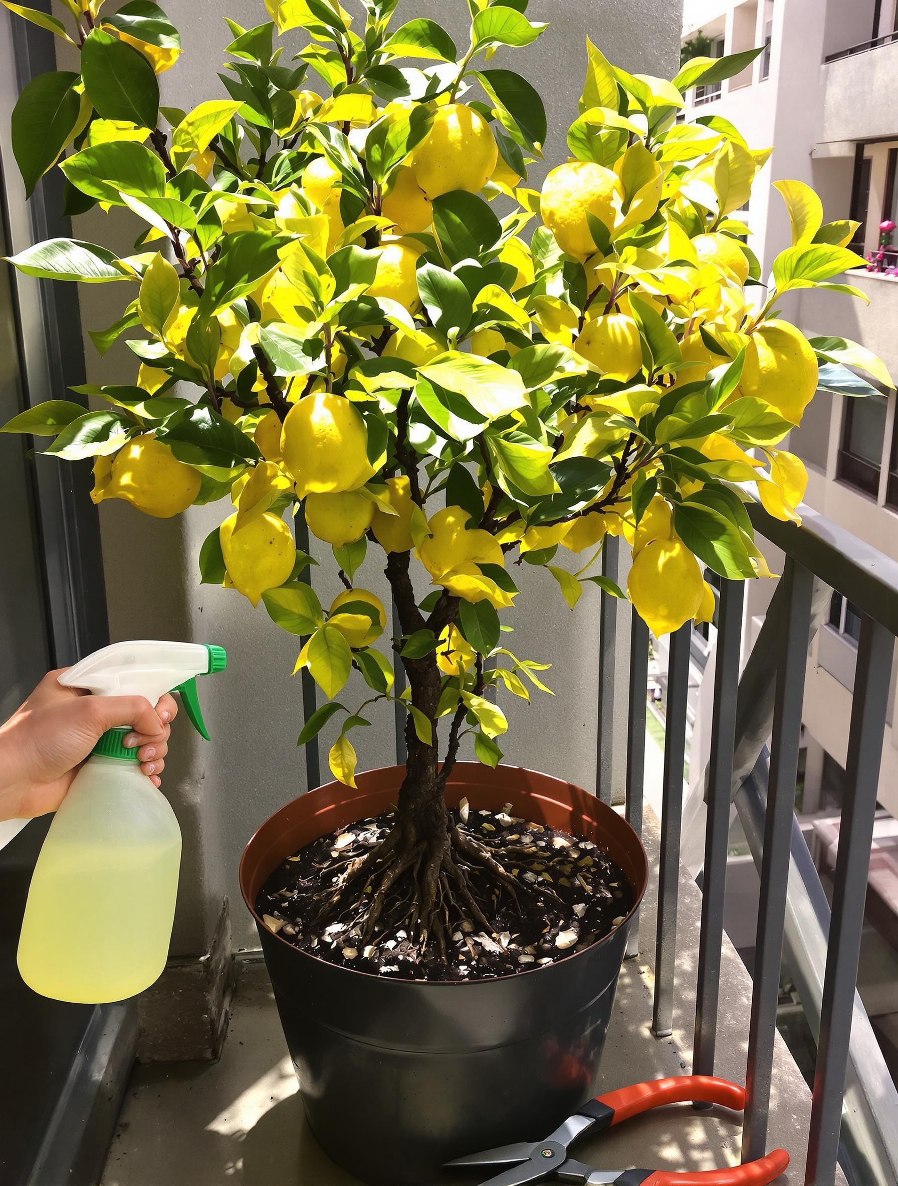 Citronnier en pot abîmé avec feuilles jaunes et racines visibles, vaporisateur et sécateur à proximité.