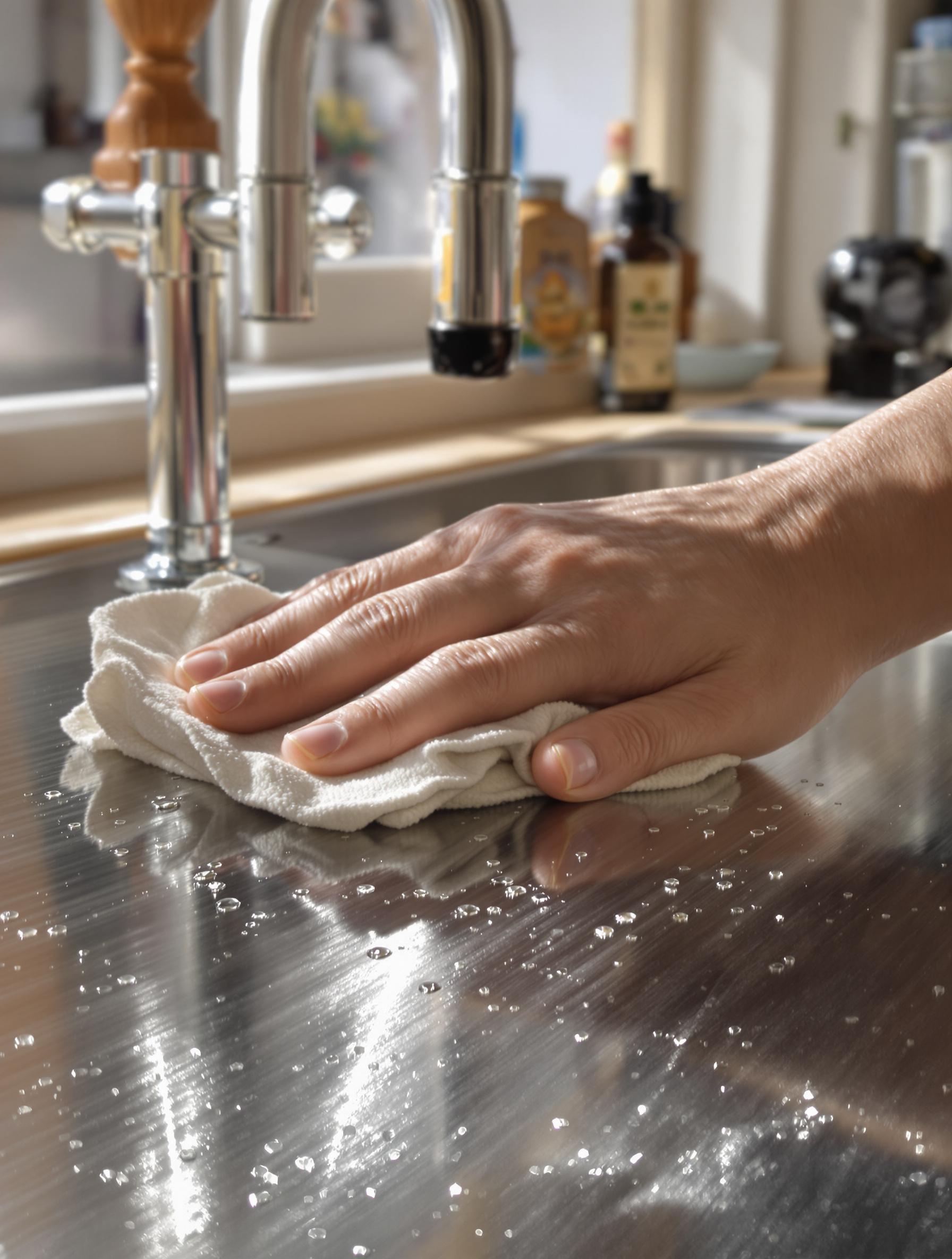 Entretien quotidien d'une surface en inox avec un chiffon humide.