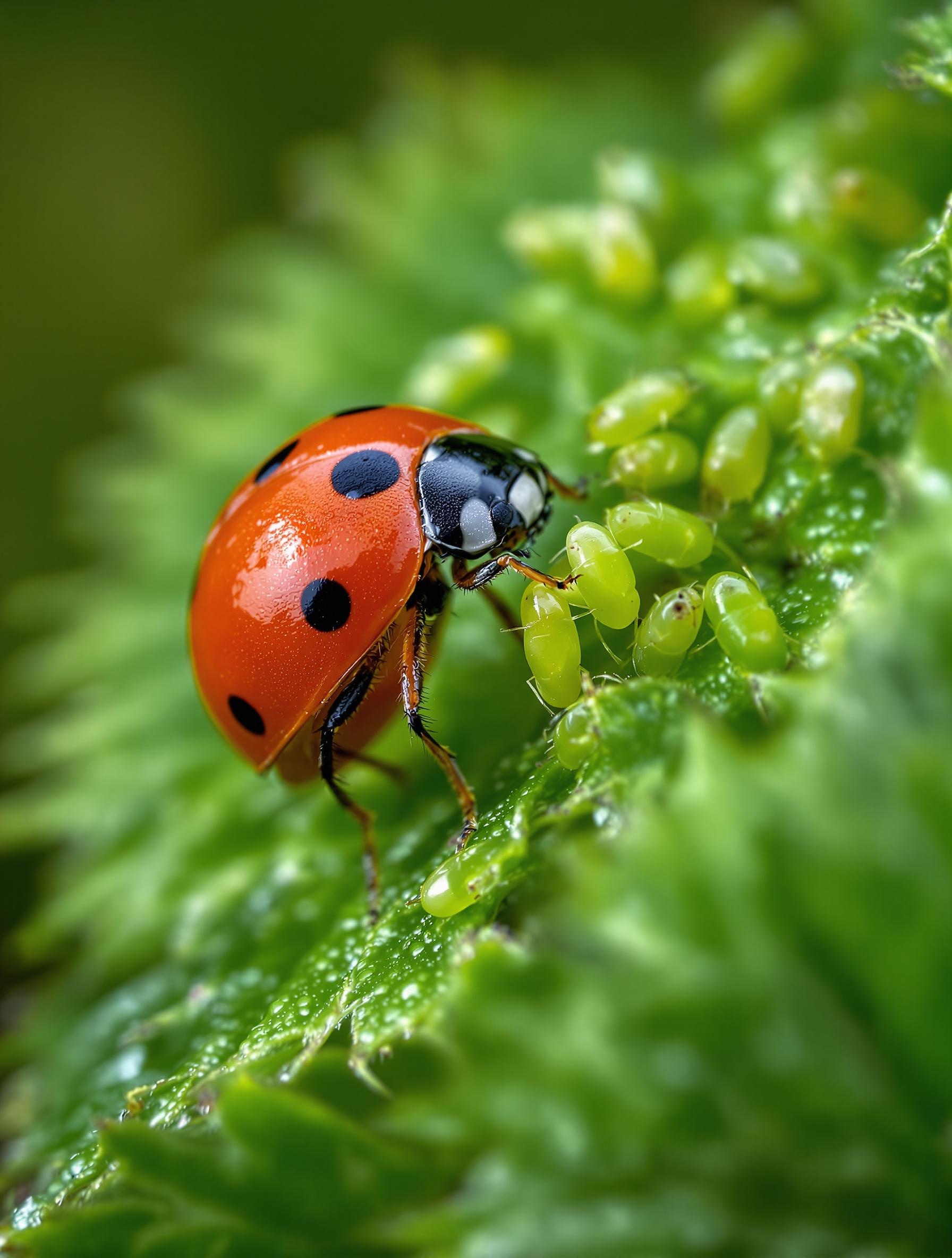Coccinelle mangeant des pucerons sur une feuille de groseillier