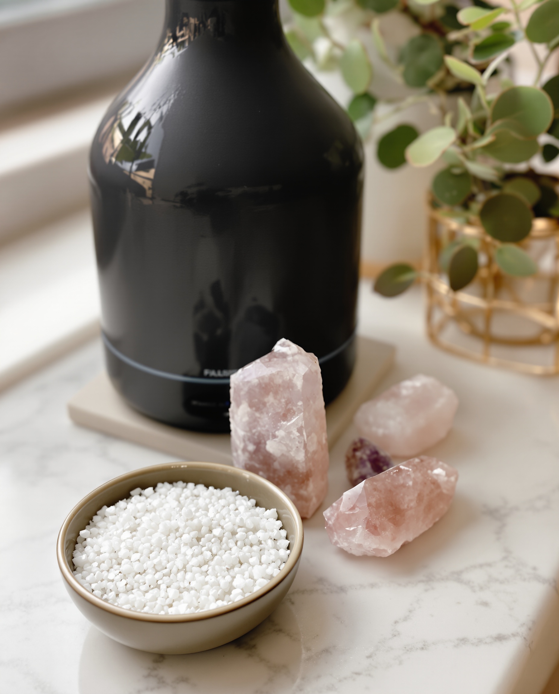 Purification maison : coupelle gros sel cristaux diffuseur