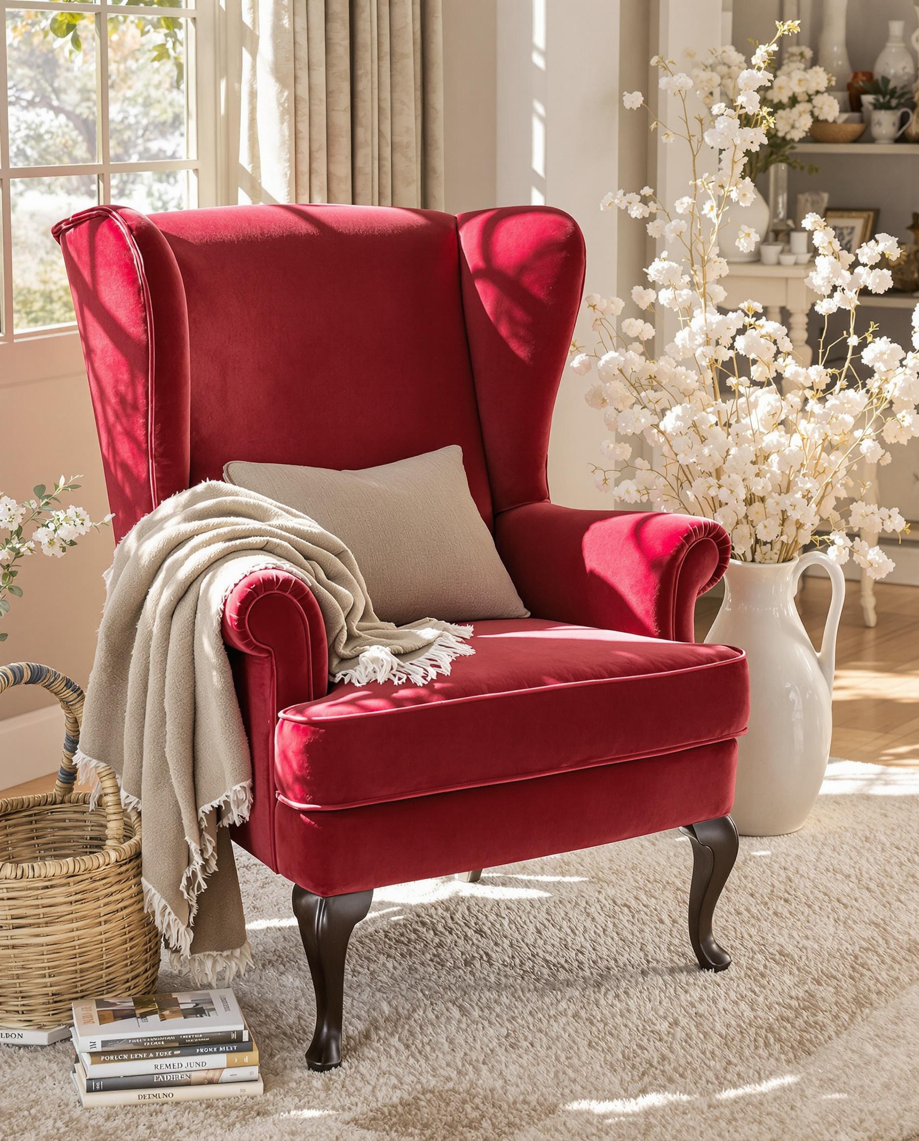 Exemple de fauteuil rouge vermillon avec tapis crème et plaid taupe