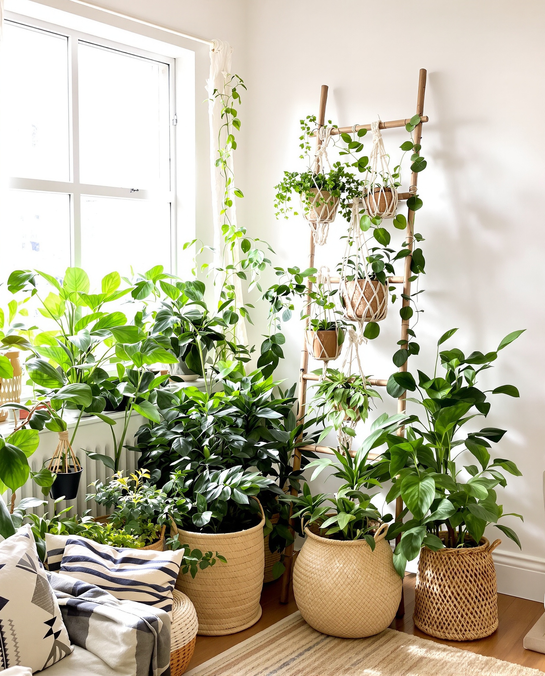 Support plantes style bohème avec étagère échelle bambou et suspensions macramé