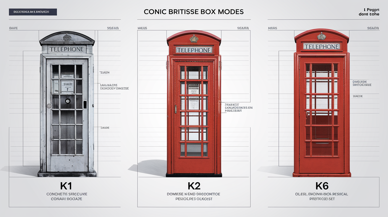 Comparaison visuelle côte à côte des trois modèles de cabines téléphoniques iconiques : le K1 en béton, le K2 plus orné, et le K6.